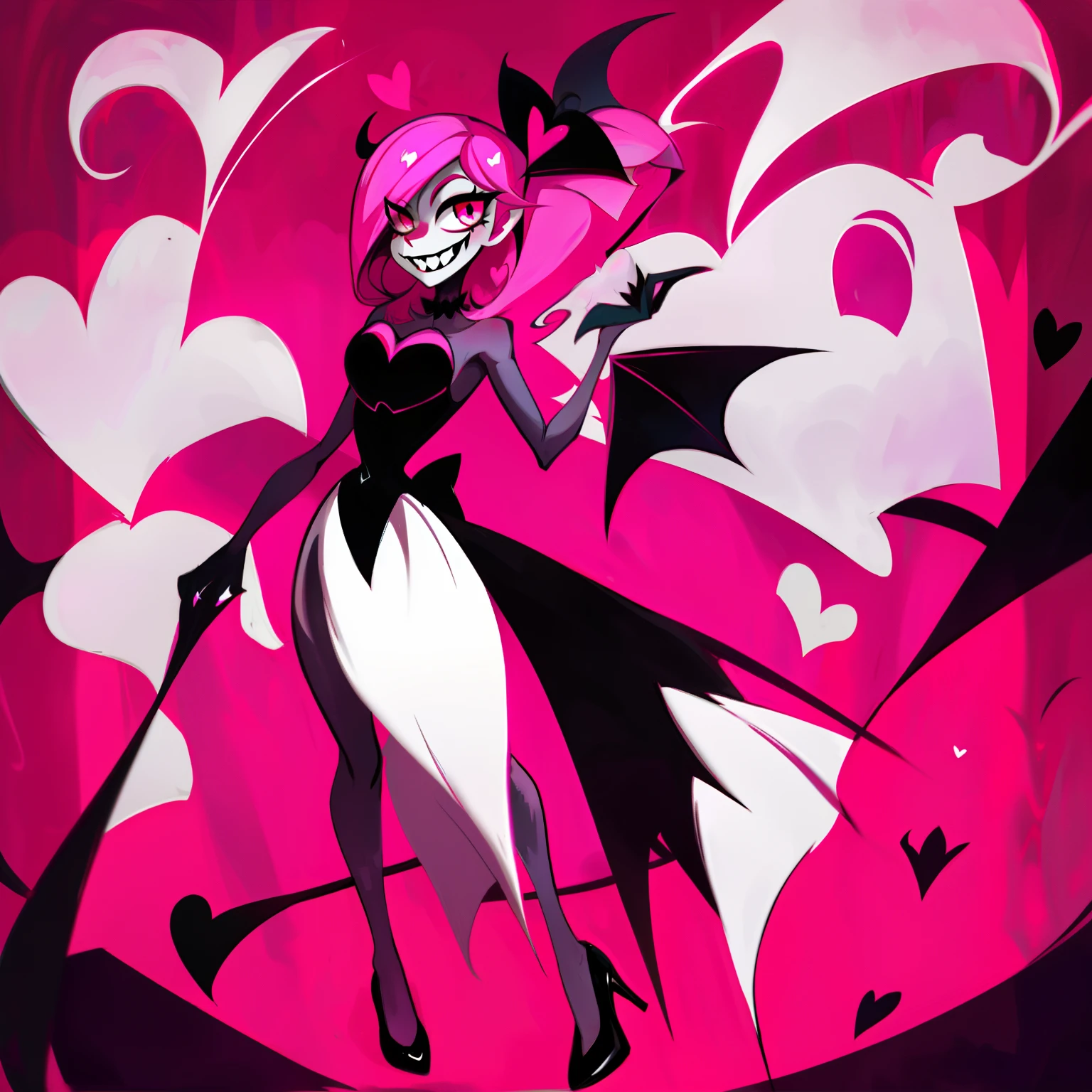 Hazbin Hotel style demon, 1girl, long pink hair, heart eyes, insane smile, full body, cross on her chest