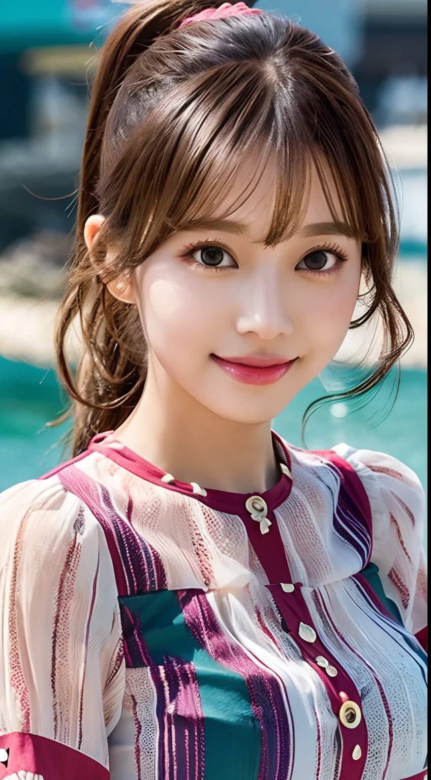 (Crowded sea in summer), Top Quality, Ultra HD, Girls, (Blouse),((Beautiful hair and beautiful big eyes)), Smile,High Contrast, (Photorealistic:1.4),(Ponytail),Looking at camera,Flash shot