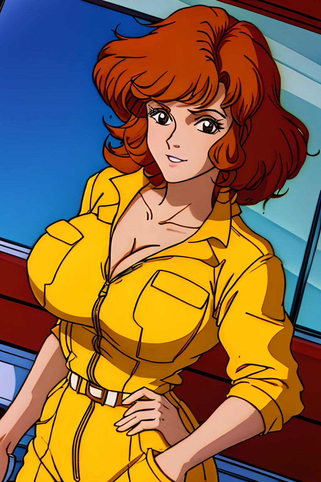 April O'Neil, 1980s, anime style, 1girl, brown hair, orange hair, retro artstyle, Short hair, 独奏, Yellow jumper suit, Hip jumpsuit, big_TITTIES, cleavage, muscular