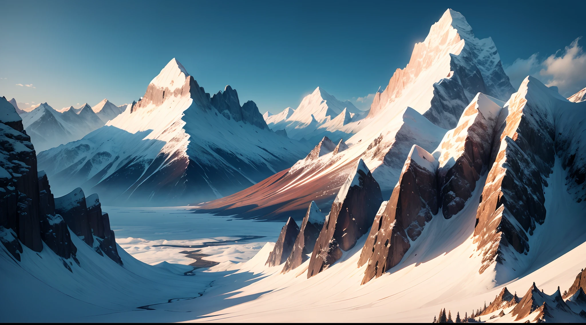 Mountains covered in snow and clouds with a blue sky - SeaArt AI
