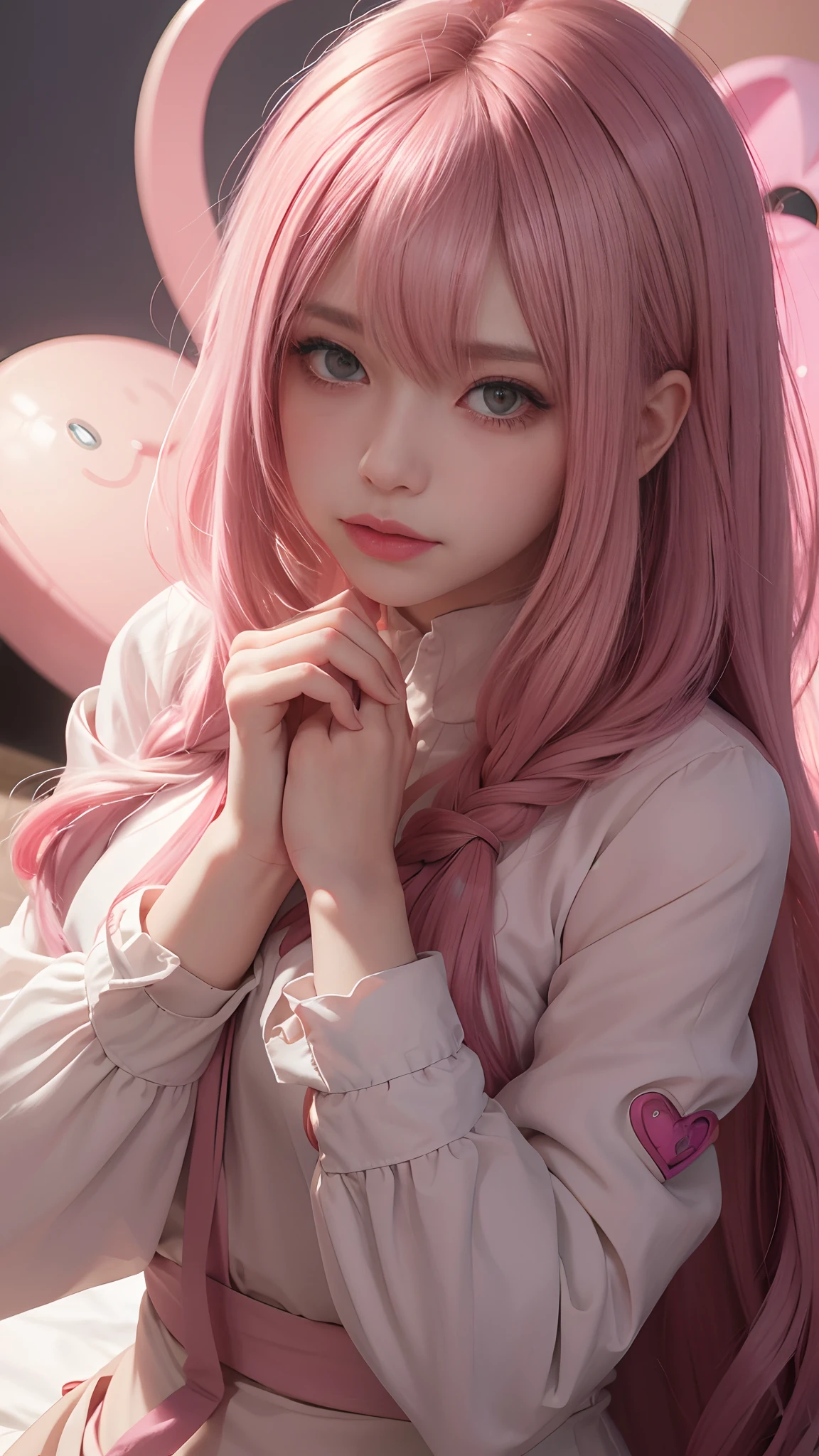 striated hair,A pink-haired, Mole under the eyes, mole under mouth, Heart-shaped pupil, longeyelashes, Pink eyes, Heart-shaped choca, ear blush, nose blush,Anime style, Color Field Painting, Ray tracing, bloom, One-person viewpoint, nffsw, awardwinning, 16 K, Best Quality, high details, High quality, masutepiece, hight resolution, ccurate, Super Detail