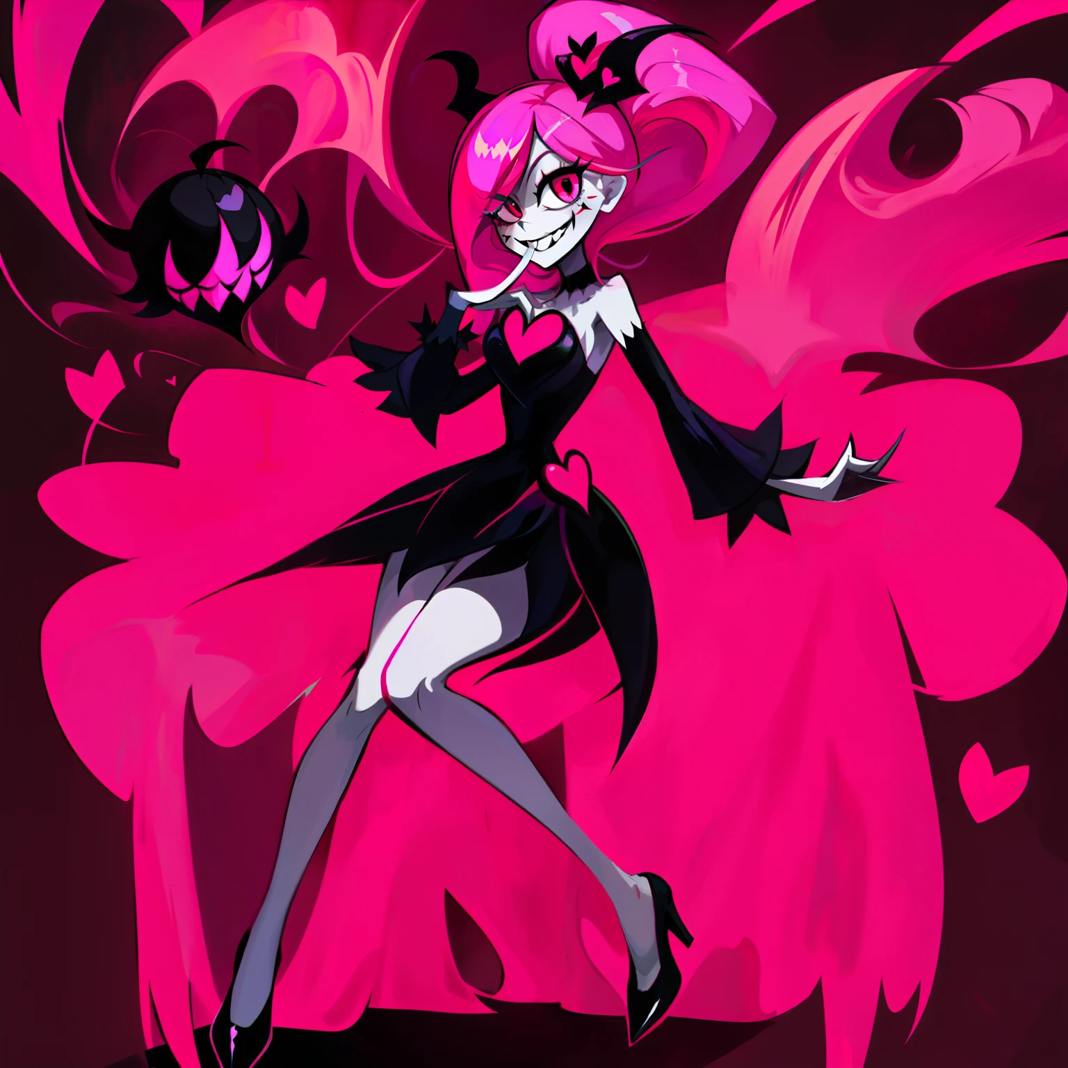 Hazbin Hotel style demon, 1girl, long pink hair, heart eyes, insane smile, full body, cross on her chest, (Three legs)