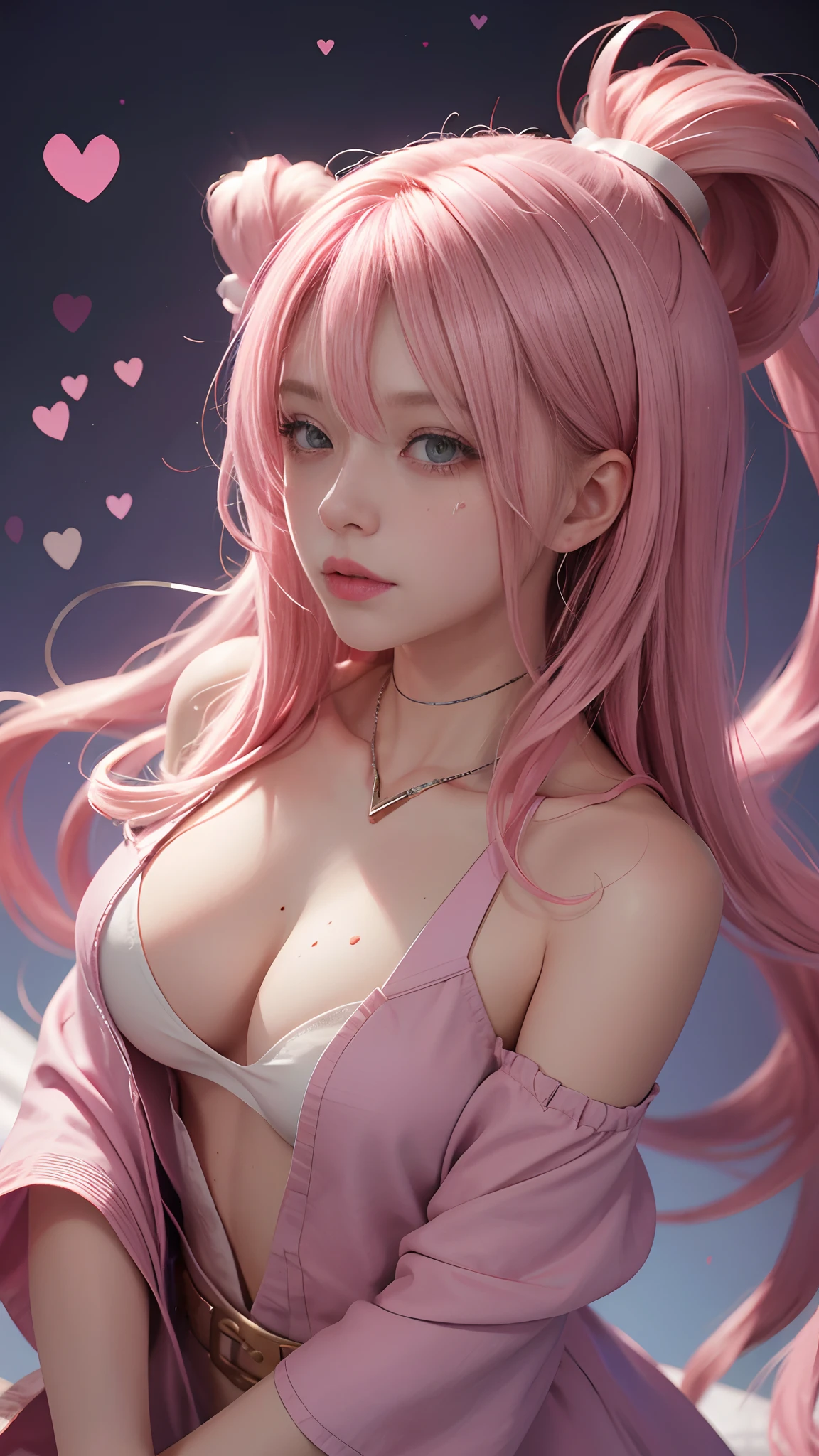 striated hair,A pink-haired, Mole under the eyes, mole under mouth, Heart-shaped pupil, longeyelashes, Pink eyes, Heart-shaped choca, ear blush, nose blush,Anime style, Color Field Painting, Ray tracing, bloom, One-person viewpoint, nffsw, awardwinning, 16 K, Best Quality, high details, High quality, masutepiece, hight resolution, ccurate, Super Detail