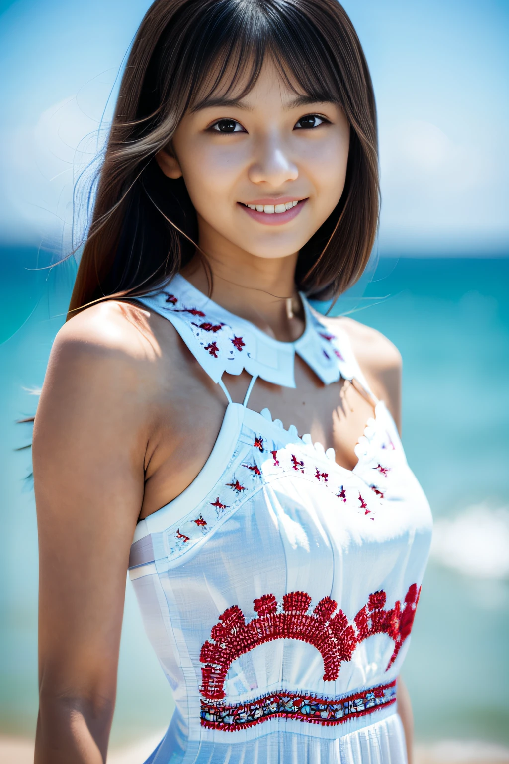 (Masterpiece:1.3), (8K), (Best Quality:1.4), (UHD), (Photorealistic), (Raw Photography), (1girl), (Ultra High Details), (Detailed face), very perfect face, (Detailed hair), Beautiful hair, bangs, (symmetrical eyes:1.3), (Detailed eyes), (Detailed skin), Realistic skin, shiny skin, Ultra high definition, (medium breasts:0.6), (slim figure), (super model figure), gentle smile:1.2, Japanese cute girl,
( wearing a white Cutwork dress:1.5, Mariachi patten:1.3, Inspired by Versace:1.3 ),
Portrait, On the breakwater in Okinawa
