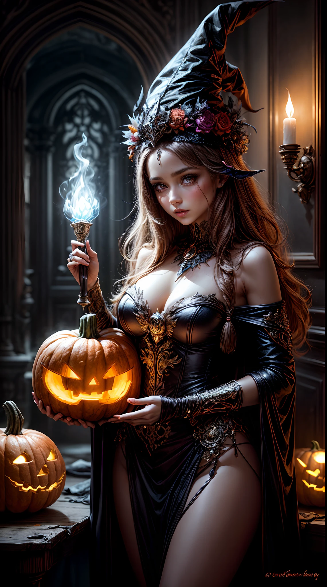 "A whimsical painting of a girl dressed as a sorceress, whimsically conjuring magic with a pumpkin and torch. Fantasy, vibrant colors, artistic, spellbinding, whimsical."