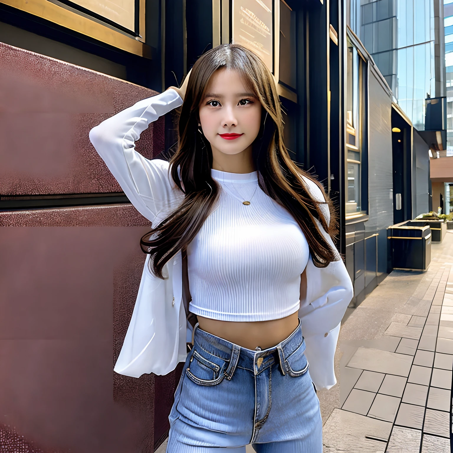 Bratop, Highest quality, Like in the photo, 16 year old girl, Pelvic jeans, Fantastic waistline, Glossy cleavage, Feminine abs, Walking down the downtown area, Domineering expression, Clear features