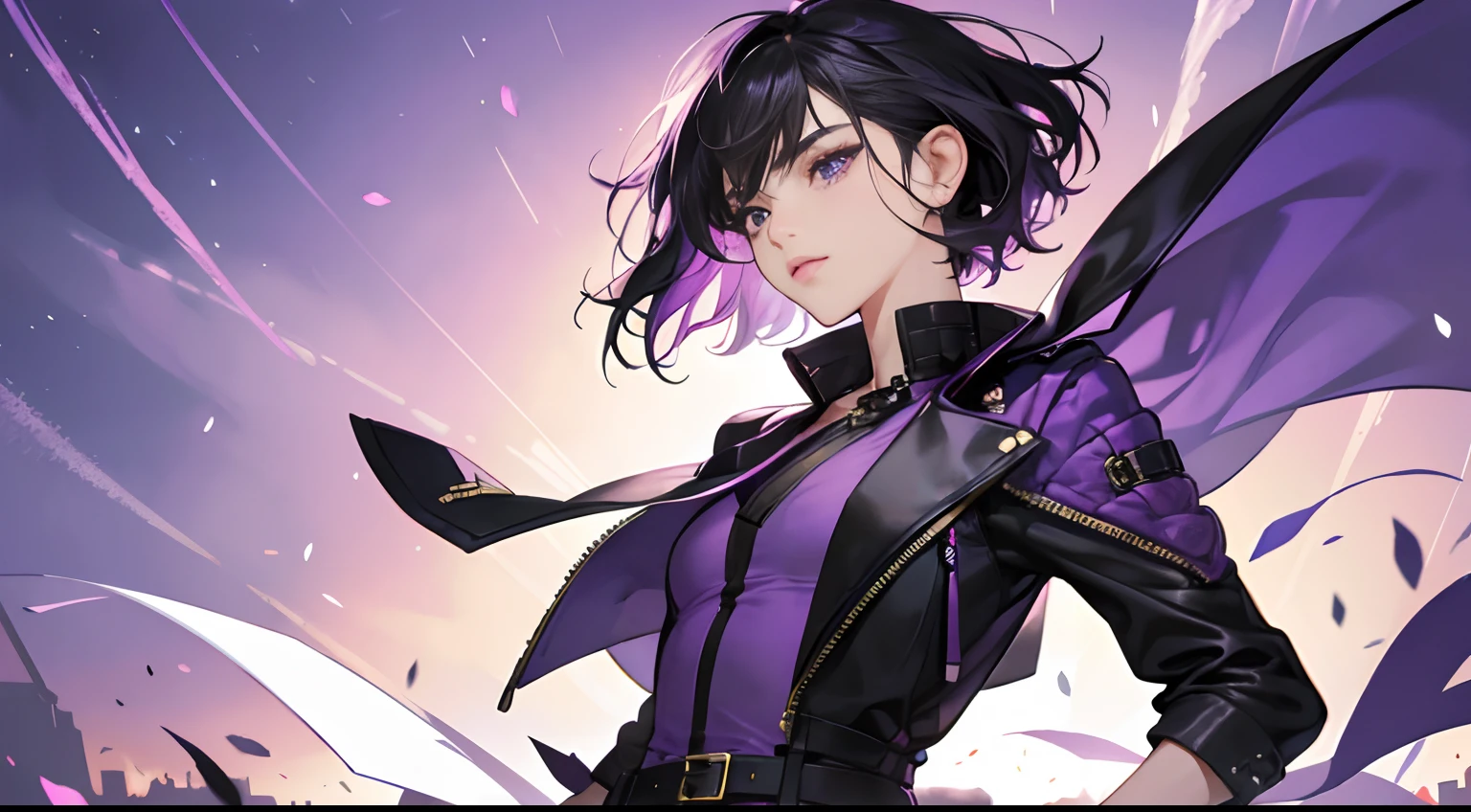 (Best Quality,4K,High resolution), femele,Purple mesh on short black hair、The hair is disheveled short-haired berry shorthair, sharp eye，Purple eyes、eye liner、 deadpan， Purple sleeveless jacket with intricate décor，Navel Ejection、cross belt，Tight leather pants、Comical appearance，noisy，colorful backdrop、Stand like a hero、Long purple stalls were wrapped around their necks by the wind、comic strip，animesque，Comical illustration，busy，Deformed cute illustration，Compact size、Front Camera Angle、Facial expression close-up、Facial do-up