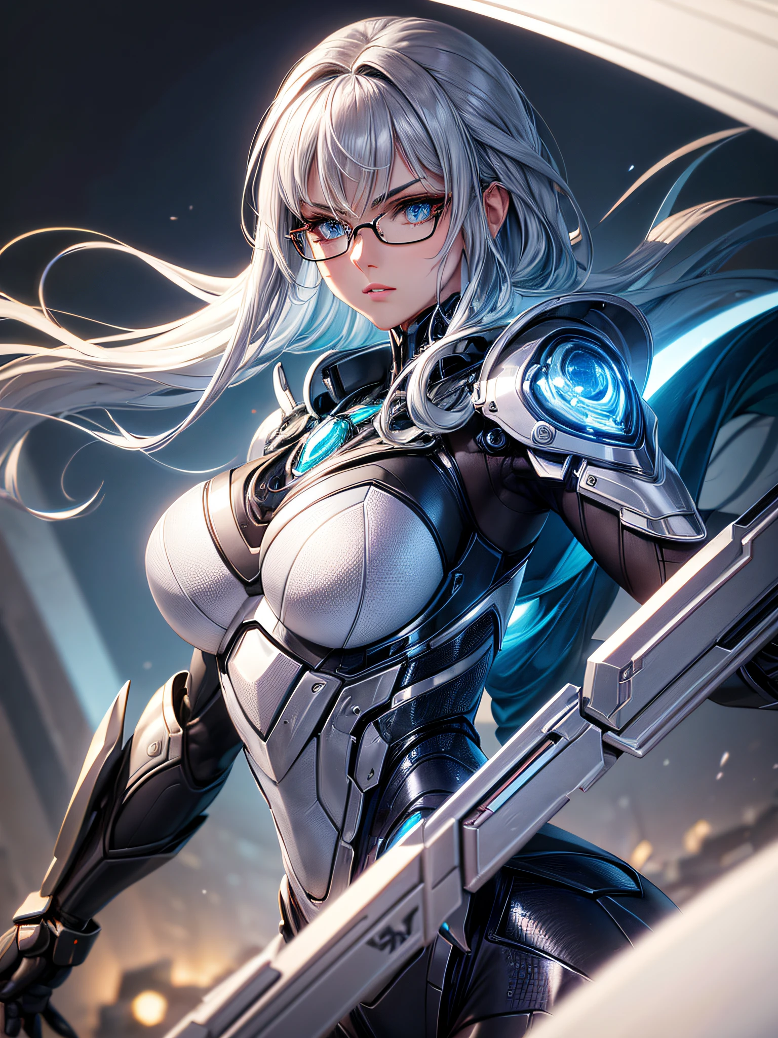 (best quality,8k,UHD),silver metallic body,glasses-wearing,mechanical beautiful woman,holding a weapon,shiny silver robot with hidden skin,upper body only,metallic joints,sharp and defined features,reflecting light,highly detailed,expressive eyes and lips,intense gaze,smooth and flawless surface,striking pose,sleek design,mysterious background,intricate mechanical parts,subtle shadows,expertly crafted,science fiction vibe,vibrant colors,subtle gradient effect,illuminated by soft studio lighting.