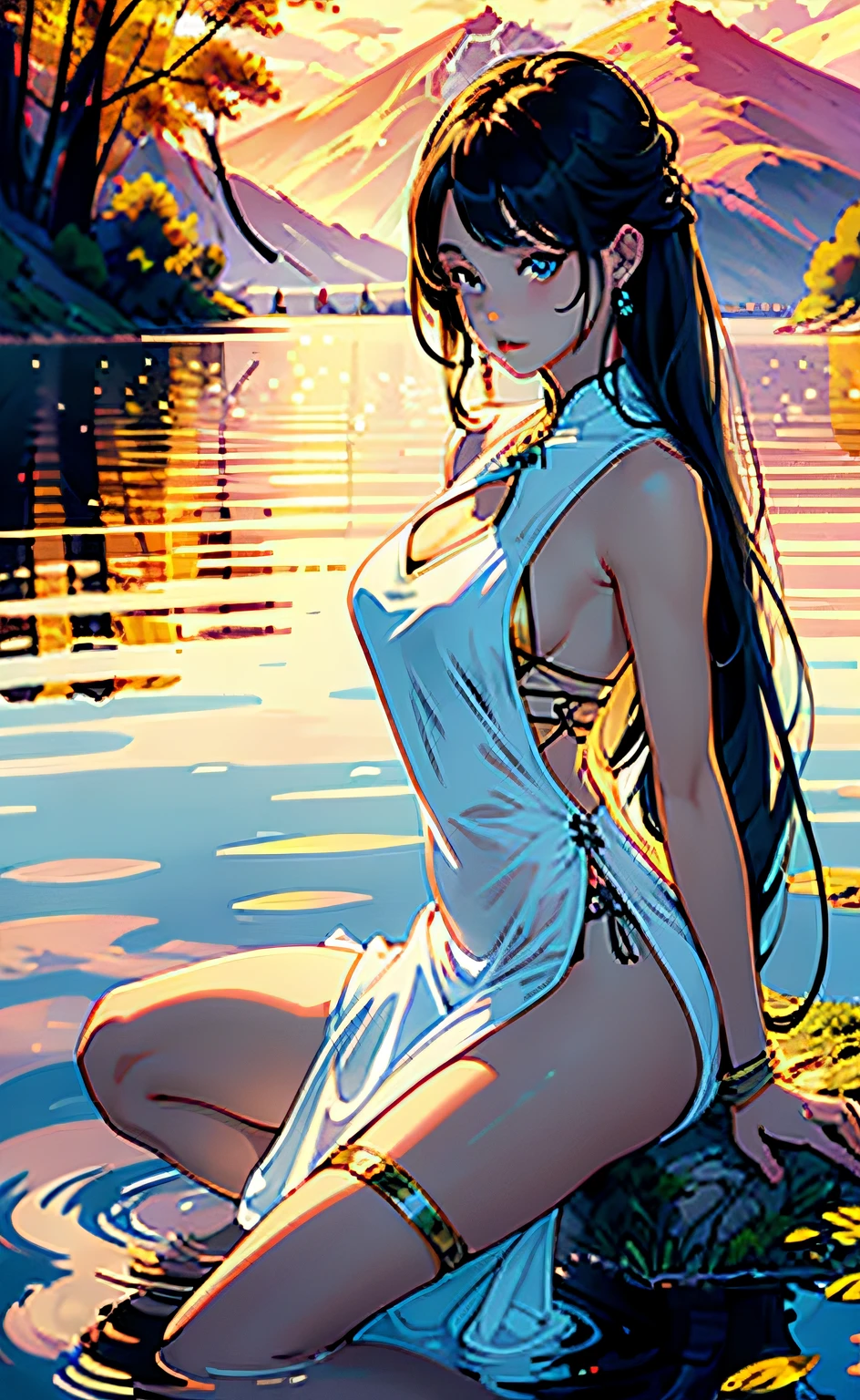 1 girl, serene expression, mesmerizing eyes, straight long hair, flowing dress, poised posture, porcelain skin, subtle blush, crystal pendant BREAK golden hour, (rim lighting):1.2, warm tones, sun flare, soft shadows, vibrant colors, painterly effect, dreamy atmosphere BREAK scenic lake, distant mountains, willow tree, calm water, reflection, sunlit clouds, peaceful ambiance, idyllic sunset, ultra detailed, official art, unity 8k wallpaper , zentangle, mandala