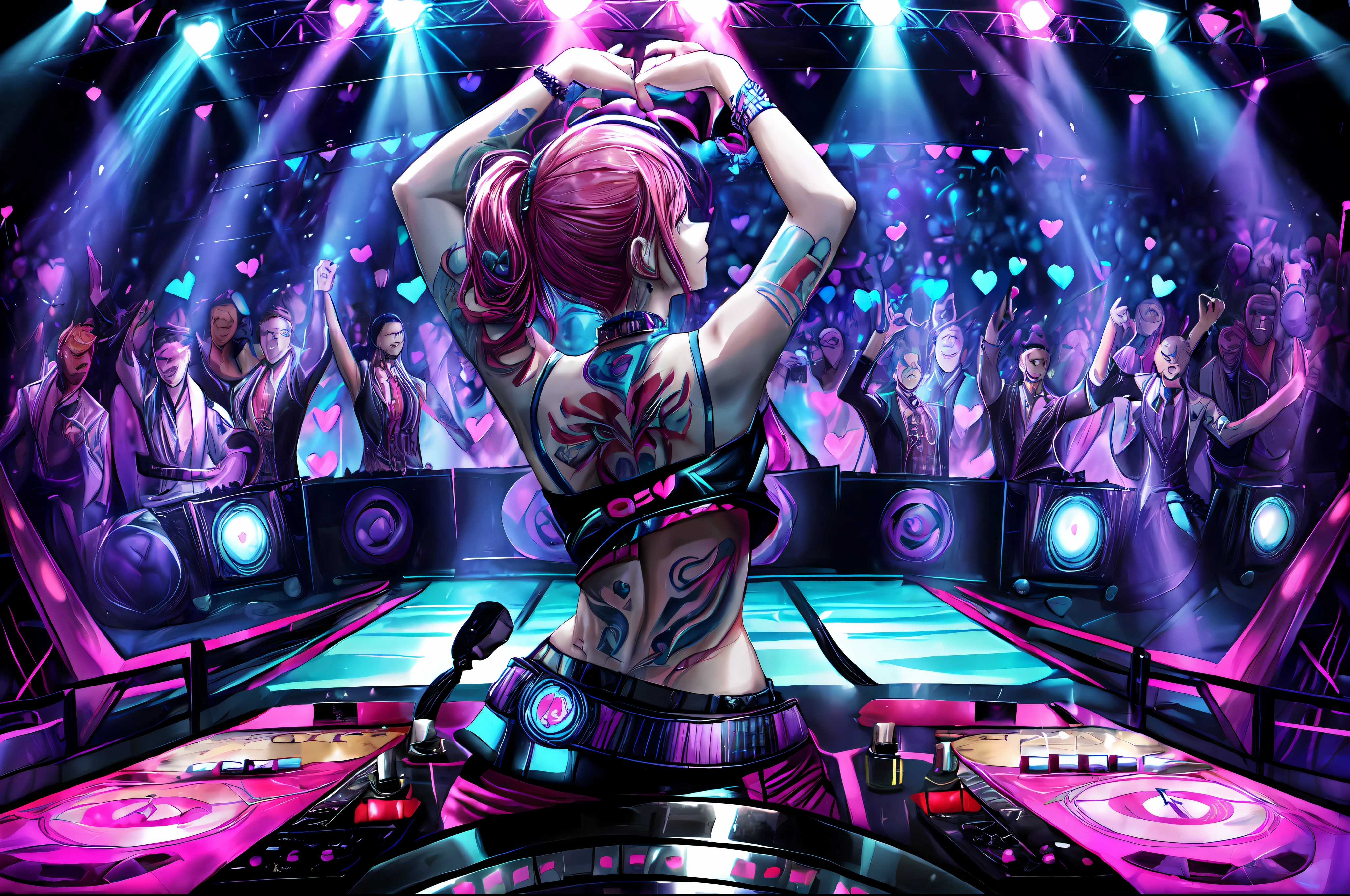 (Beats drop, hearts stop, DJ in control. Music flows, bodies move, rhythm takes its toll.)
BREAK
(In the booming club, the audience dances to the rhythm. The DJ is adorned with numerous tattoos. This artwork is a vibrant and psychedelic piece, with swirling colors and shimmering ambient lights. Captured with a photo-like quality and a fisheye lens, it encapsulates the dynamic atmosphere.)highres, ultra detailed, realistic