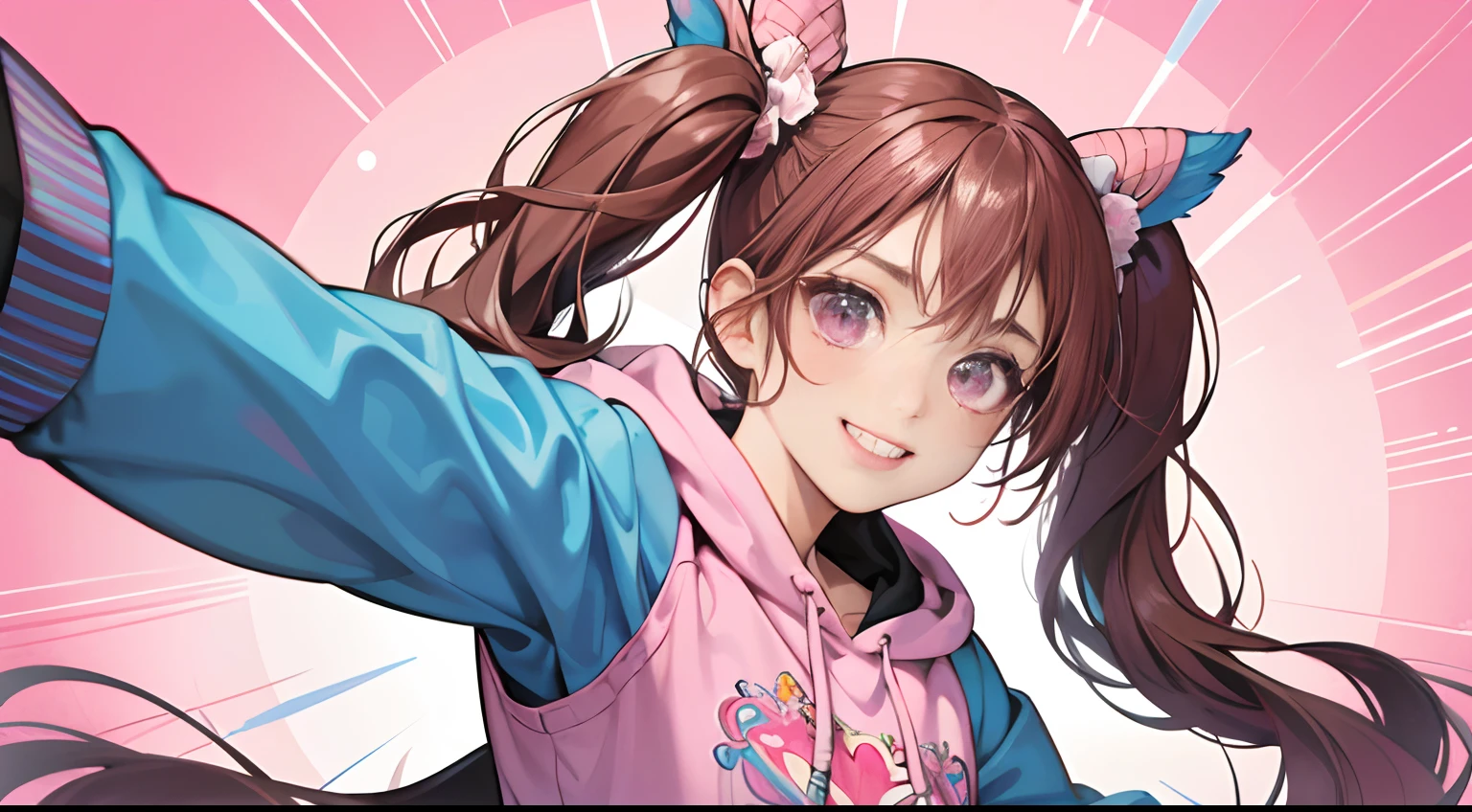 (Best Quality,4K,High resolution), femele, Pink mesh on brown hair、Hair has long twin tails, kawaii eyes,Pink eyes、long lashes、 Charming smile, Hooded pink jacket with intricate décor,Short denim pants、Comical appearance,noisy,colorful backdrop、Stand like a hero、Attractive gestures、comic strip,animesque,Comical illustration,Colorful and lively POP background,Deformed cute illustration、Front Camera Angle、Facial expression close-up、Facial do-up