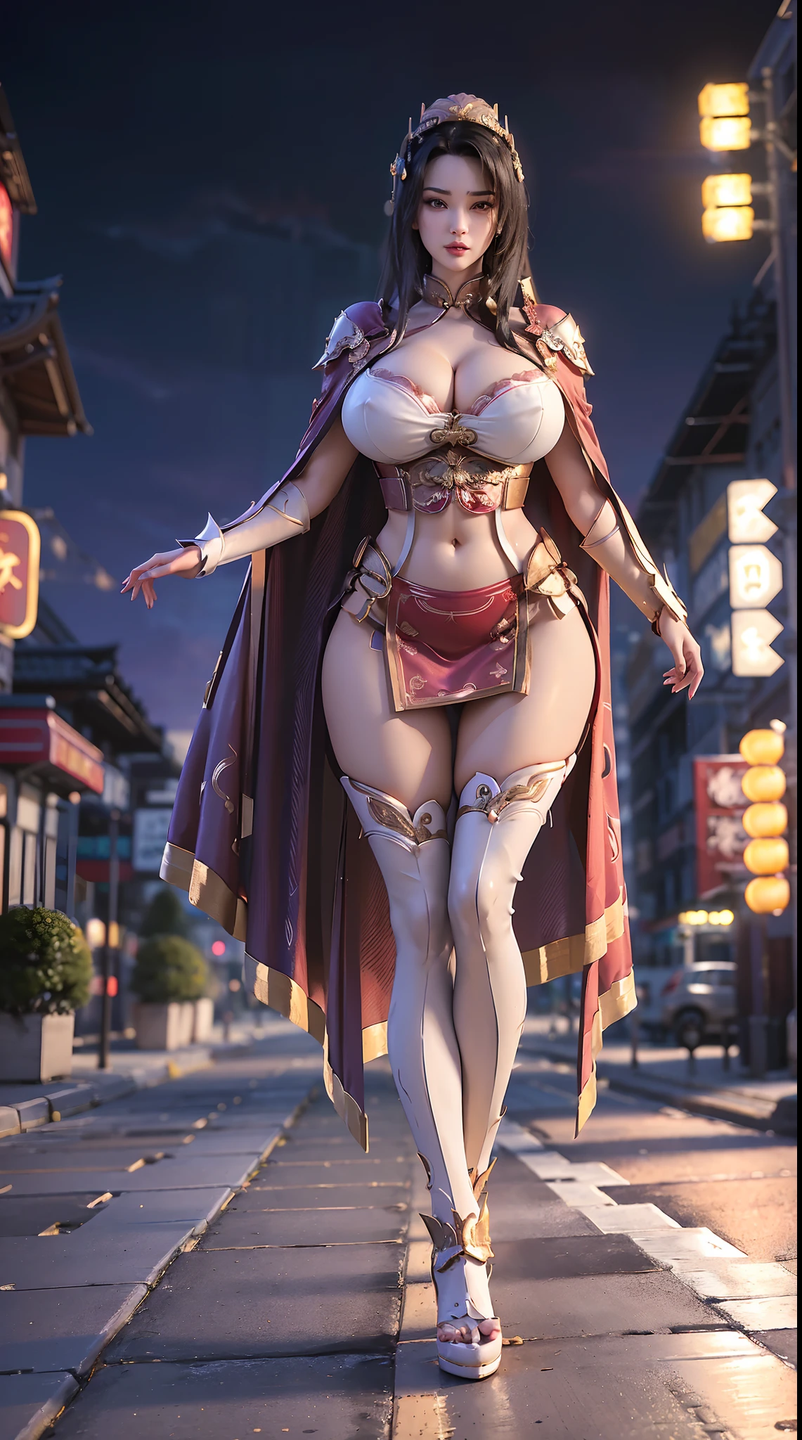 1GIRL, SOLO, (black hair, hair gold ornament), (HUGE FAKE BREASTS:1.3), (white, purple, red,  SEXY QIPAO ARMOR, ROYAL CAPE, CLEAVAGE, CLEAVAGE SEXY ABS:1.5), (SKINTIGHT YOGA PANTS, HIGH HEELS:1.2), (NSFW GLAMOROUS BODY, SEXY LONG LEGS, FULL BODY:1.3), (FROM FRONT, LOOKING AT VIEWER:1), (WALKING DOWN ON STREET NIGHT CITY:1.3), PHYSICALLY-BASED RENDERING, ULTRA HIGHT DEFINITION, 8K, 1080P.