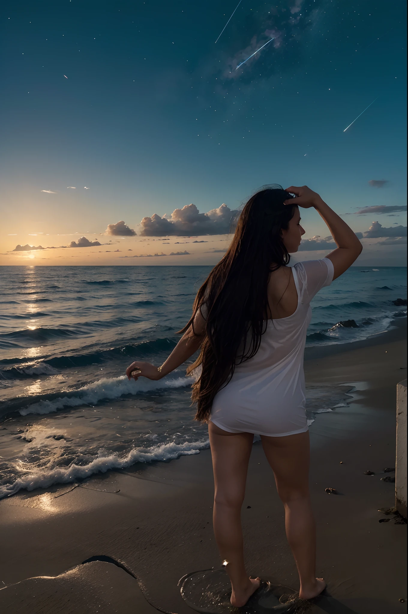 ((master part, extremely high quality)), at night, sem roupas, garota, Put one foot in seawater with just your toes, Girl standing, de lado, menina o horizonte e o mar, olhando de lado, scattered ripples of the toes, The venue is about 20 meters away, Acima do mar, at night, toda a cena brilha, there's a meteor shower