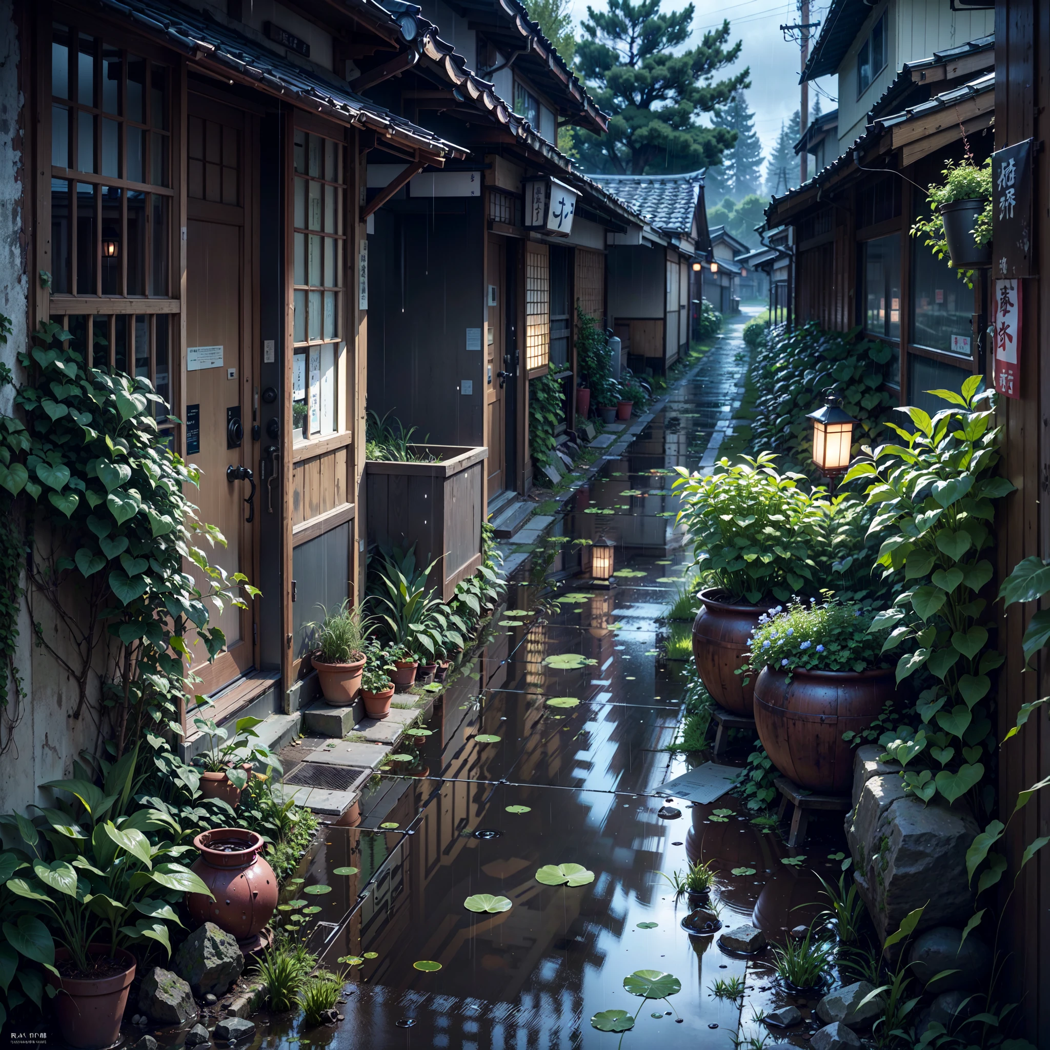 anime background, anime wallpaper, anime, anime style, lofi, lofi style, rural japanese street, village, abandoned houses, traditional japanese lanterns, rain, raining, heavy rain, dramatic weather, puddles on the floor, rain falling from the sky, rain drops, empty street, no one in sight, (no one: 1), best quality, gloomy weather, compact, messy, abandoned, overgrown, plant pots, empty street, rocks scattered across floor, overgrown grass
