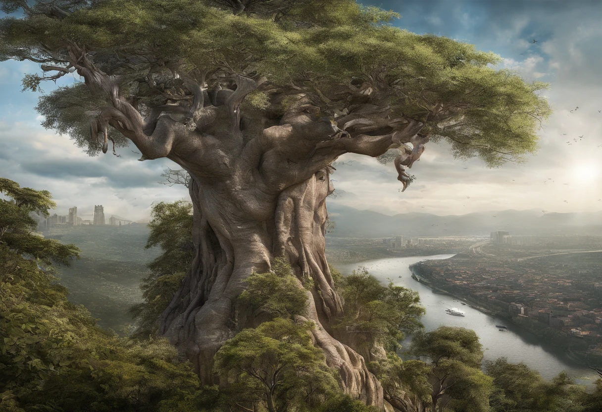 montanha com bela vista do continente cheio de colinas e arvores com uma arvore gigante com um rio ao redor