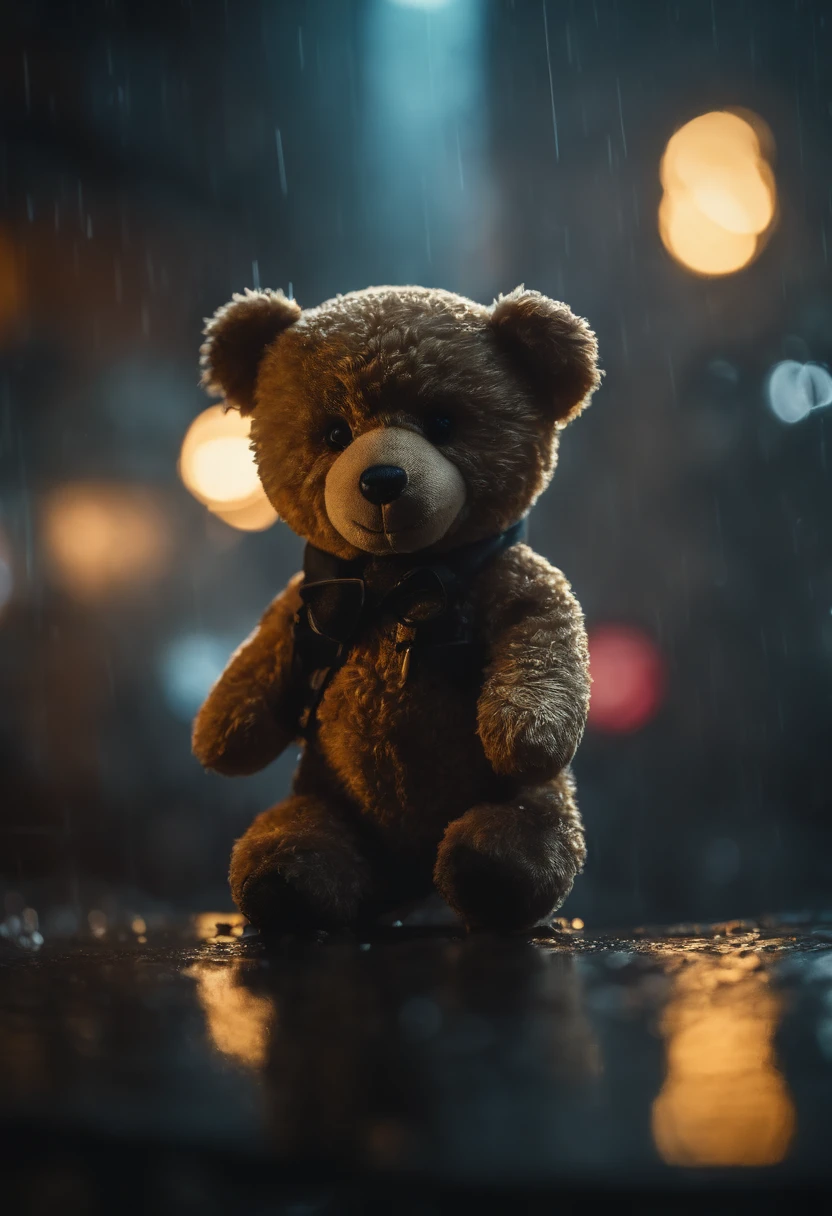 plush teddy, wet, (cyberpunk:1.1), rain, epic realistic, rutkowski, hdr, intricate details, hyperdetailed, cinematic, rim light, muted colors