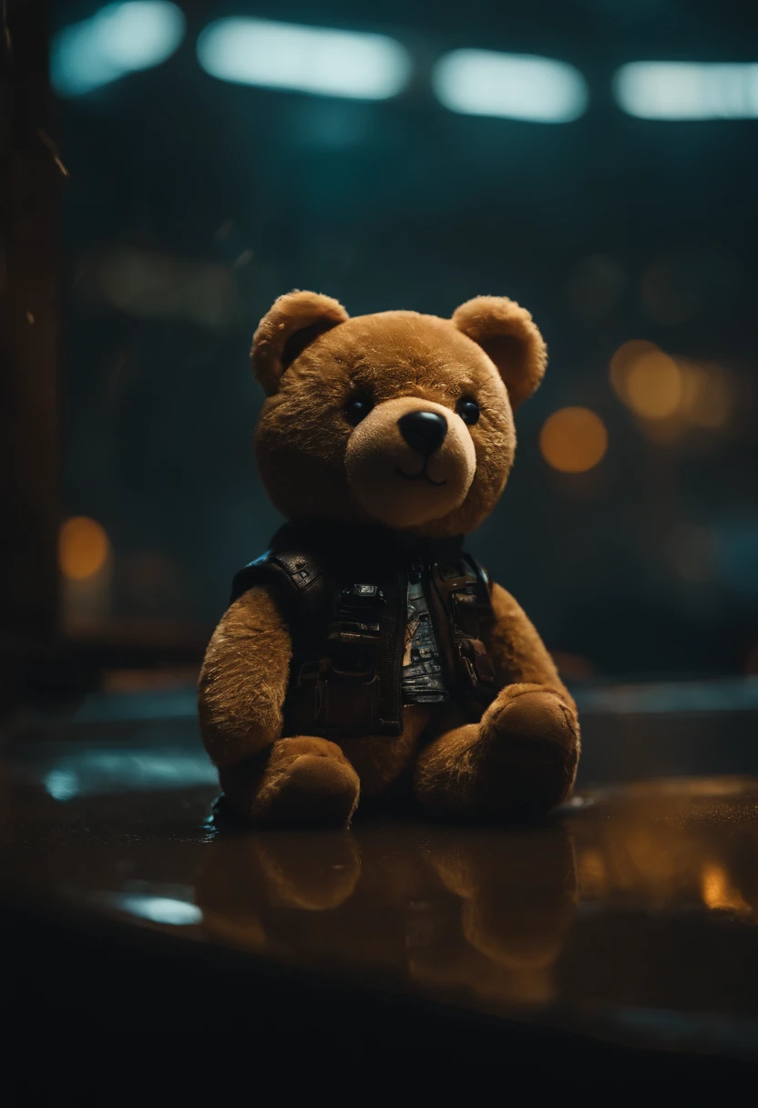 plush teddy, wet, (cyberpunk:1.1), rain, epic realistic, rutkowski, hdr, intricate details, hyperdetailed, cinematic, rim light, muted colors