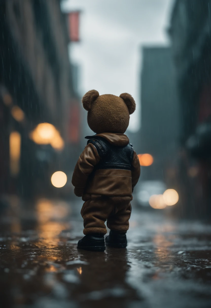 plush teddy, wet, (cyberpunk:1.1), rain, epic realistic, rutkowski, hdr, intricate details, hyperdetailed, cinematic, rim light, muted colors