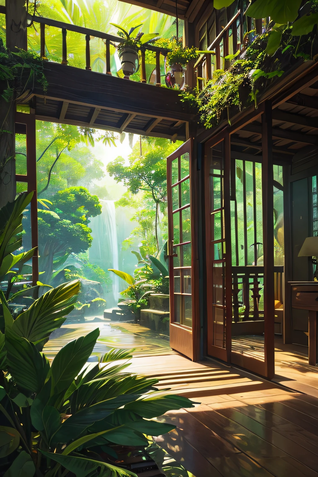 beautiful jungle tree house, cinematic, high-res, vibrant, detailed foliage, sunlight streaming through leaves, tropical paradise, lush greenery, wooden architecture, cozy and inviting, birds chirping, hidden oasis, exotic birds, hanging vines, natural harmony, dreamy atmosphere, elevated view, peaceful retreat, adventurous spirit, luxurious retreat, breathtaking scenery, tranquil escape, vibrant colors, immersive experience, magical ambiance, enchanting hideaway, explorers' paradise, paradise found, tropical haven, paradise on earth, captivating beauty, serene sanctuary, nature's masterpiece.