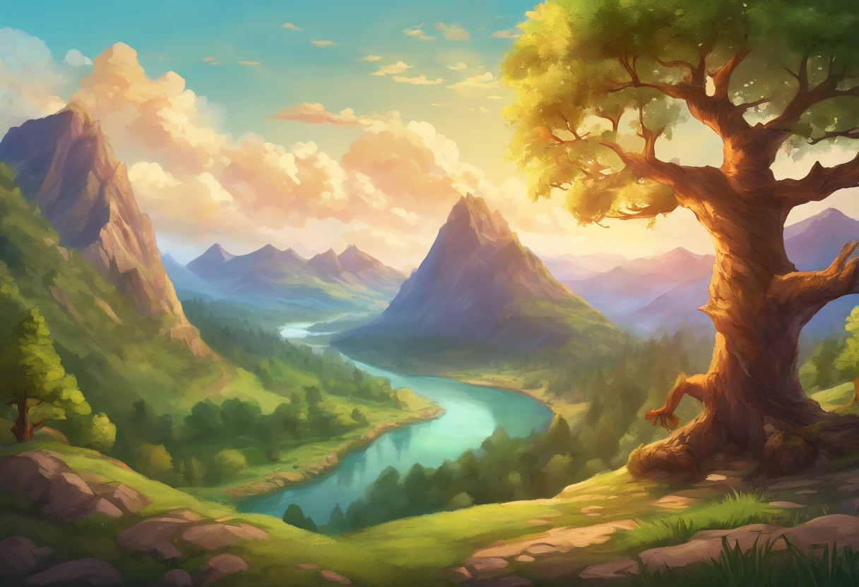 Mountain with beautiful view of the continent full of hills and trees with a giant tree that reaches to the heavens and with a river around it