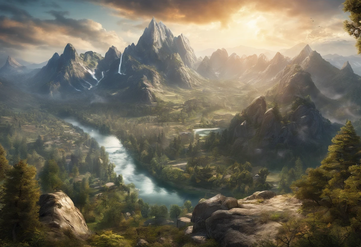 Mountain with beautiful view of the continent full of hills and trees with a giant tree that reaches to the heavens and with a river around it