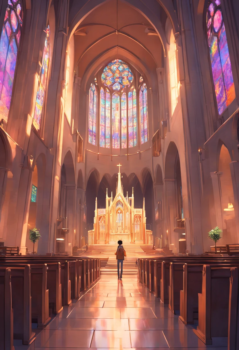 Ambiente realista de uma catedral escura, com luzes passando por vitrais coloridos. Ao centro, seen from the back a musician with guitar on his back.