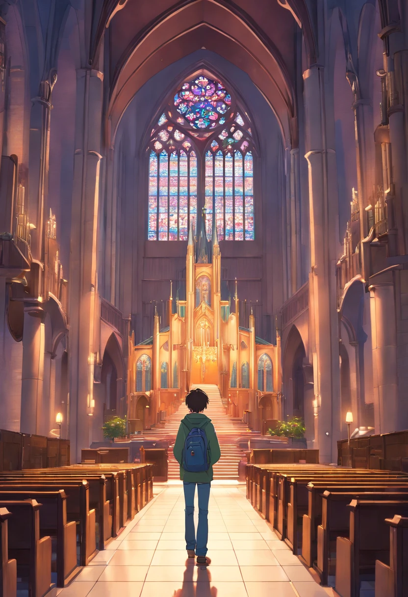 Ambiente realista de uma catedral escura, com luzes passando por vitrais coloridos. Ao centro, seen from the back a musician with guitar on his back.