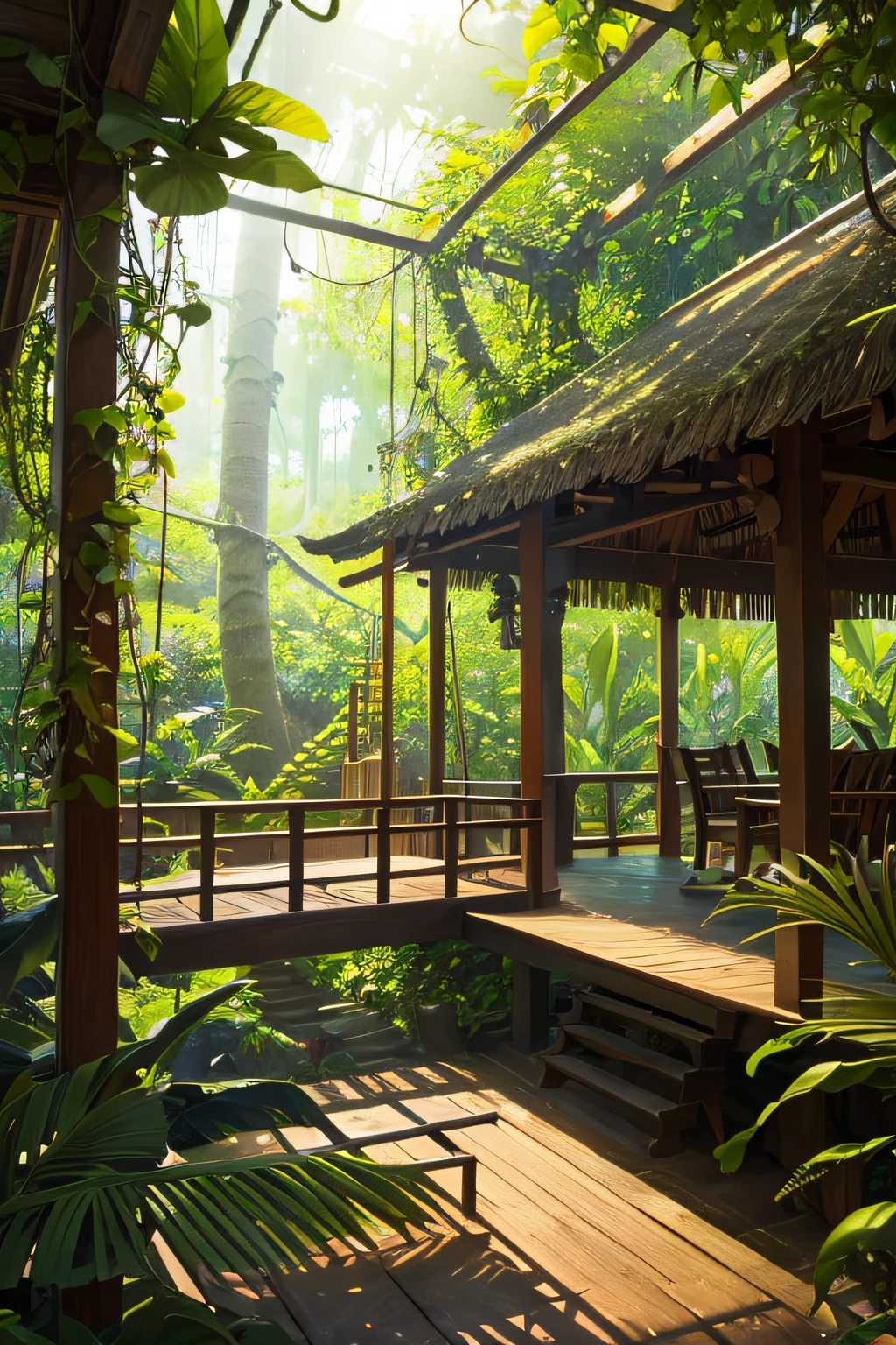 beautiful jungle tree house, cinematic, high-res, vibrant, detailed foliage, sunlight streaming through leaves, tropical paradise, lush greenery, wooden architecture, cozy and inviting, birds chirping, hidden oasis, exotic birds, hanging vines, natural harmony, dreamy atmosphere, elevated view, peaceful retreat, adventurous spirit, luxurious retreat, breathtaking scenery, tranquil escape, vibrant colors, immersive experience, magical ambiance, enchanting hideaway, explorers' paradise, paradise found, tropical haven, paradise on earth, captivating beauty, serene sanctuary, nature's masterpiece.