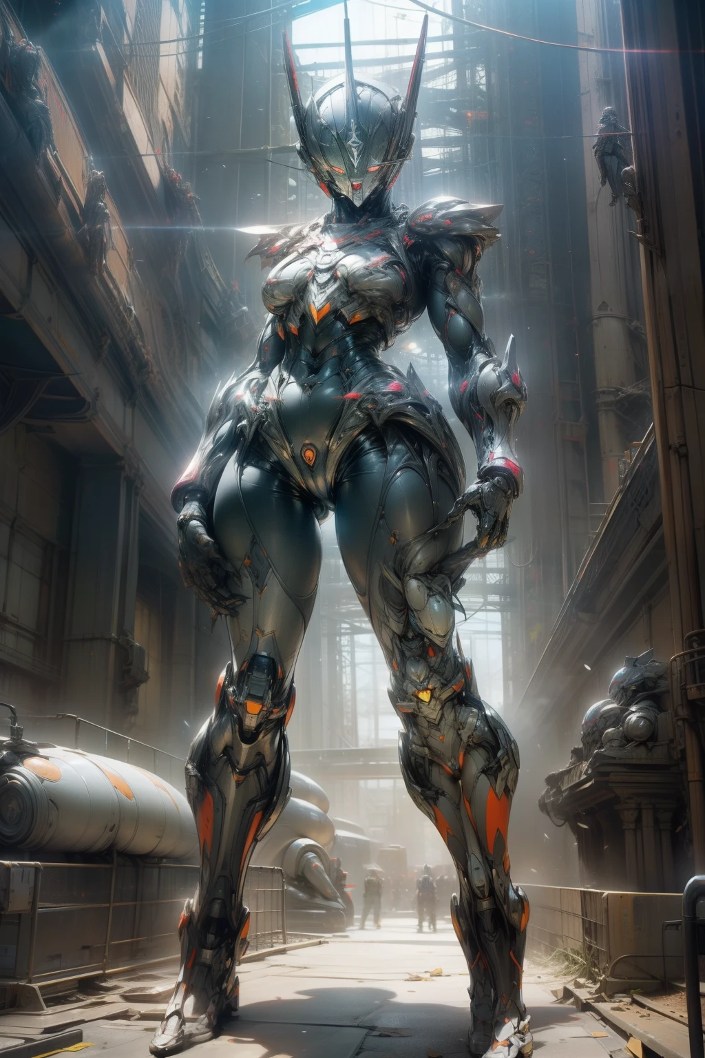 （masterpiece、8K、Ultra-delicate、hight resolution），(((Female Ultraman)))，(((No muscles，large Boob)))，(her head is tapering,The body is made of red and silver，The arms present a streamlined design，On the chest there is a round calculator，Looks tall and thin，The overall shape is streamlined、Modern)，(standing athletic pose)，posed for photo，high-angle，city ruins，backgroung details，（（（full body Esbian））），独奏，(((Huge feeling))),NSFW,Cameltoe,(Dynamic victory Pose:1.2),from below,groin focus,the morning sun,(Erect clitoris:1.3),(Open pussy:1.5)