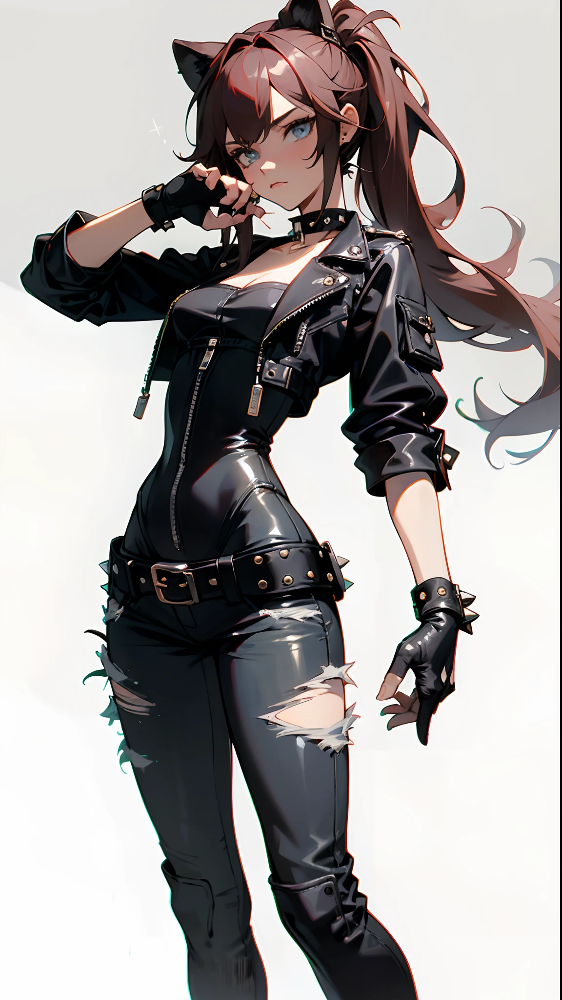 (masterpiece, best quality:1.3),beautiful detailed glow,best illuminate,(((best quality,textile shading,ultra detailed))),extremely detailed CG unity 8k wallpaper,Highly Detailed beautiful and aesthetic,best light,high resolution,detailed,dynamic lighting , 1Character , pastel washed out colors , cell shade , soft, muted shades ,gentle colors ,
She wears a black leather biker jacket adorned with spikes, silver studs, black denim skinny jeans with jagged tears, knee-high combat boots with metallic lion-shaped buckles, their laces adorned with silver studs, accentuated by a collection of punk-inspired accessories, including a studded leather choker, multiple silver rings, and fingerless leather gloves,
A stunning woman , extremely long hair , reddish brown hair , hair in pig tails , straight hair , baby blue eyes , large chest , ((wearing a tight dress)), age 34