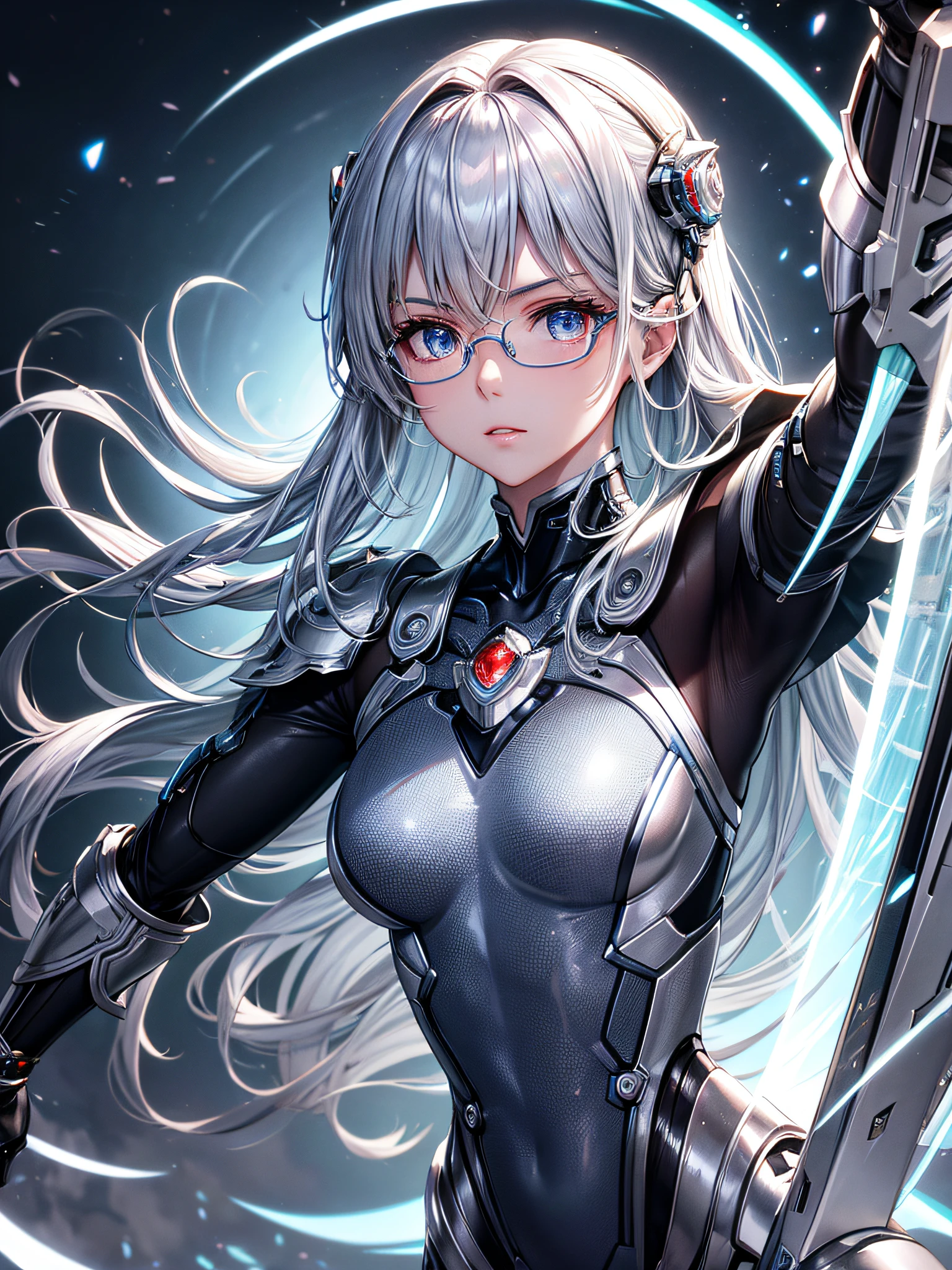 5 8K UHD、Silver metallic body mechanical beauty with glasses holding weapon、Shiny silver robot with hidden skin、Upper body only