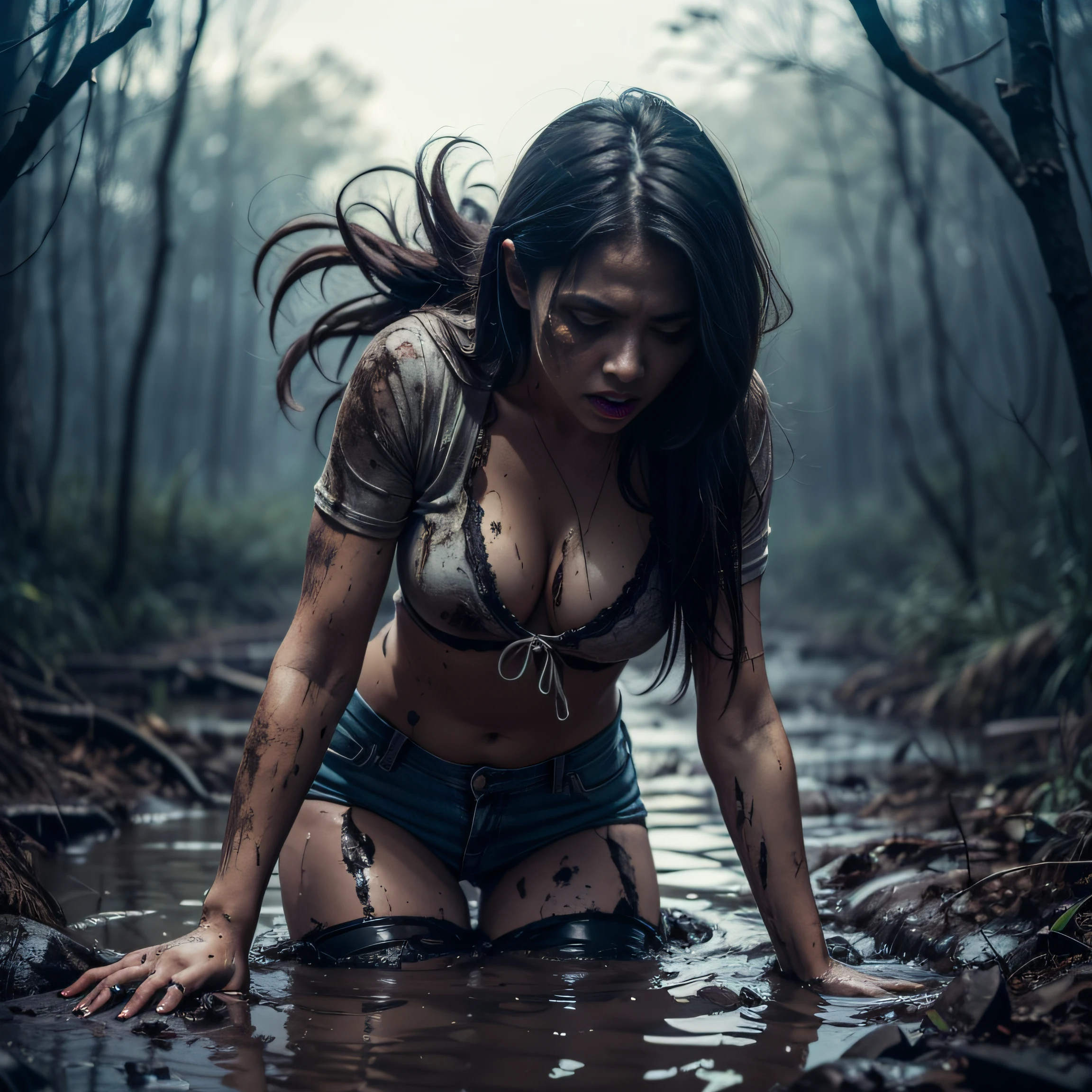 Black Sky, Sinister Night, Woman wrestling in the dark, At the bottom of a deep pit, drowning in a swamp. (seducing). Standing in the mud. Danger. The surrounding forest is dense, Sinister and gloomy, Casting strange shadows on the ground. Impending Doom. luna, Hidden behind heavy black clouds,,,,,,,,,,,,, (Low Stage Lighting). The woman is emaciated, Her muscles cramped. her hair is messy, Her face and clothes are stained with mud. Her denim skirt, T-shirt and lace stockings, Stained with mud. She looks like a creature from a horror movie, She found herself trapped in a dark and hostile environment with no hope of escape, ecstasy