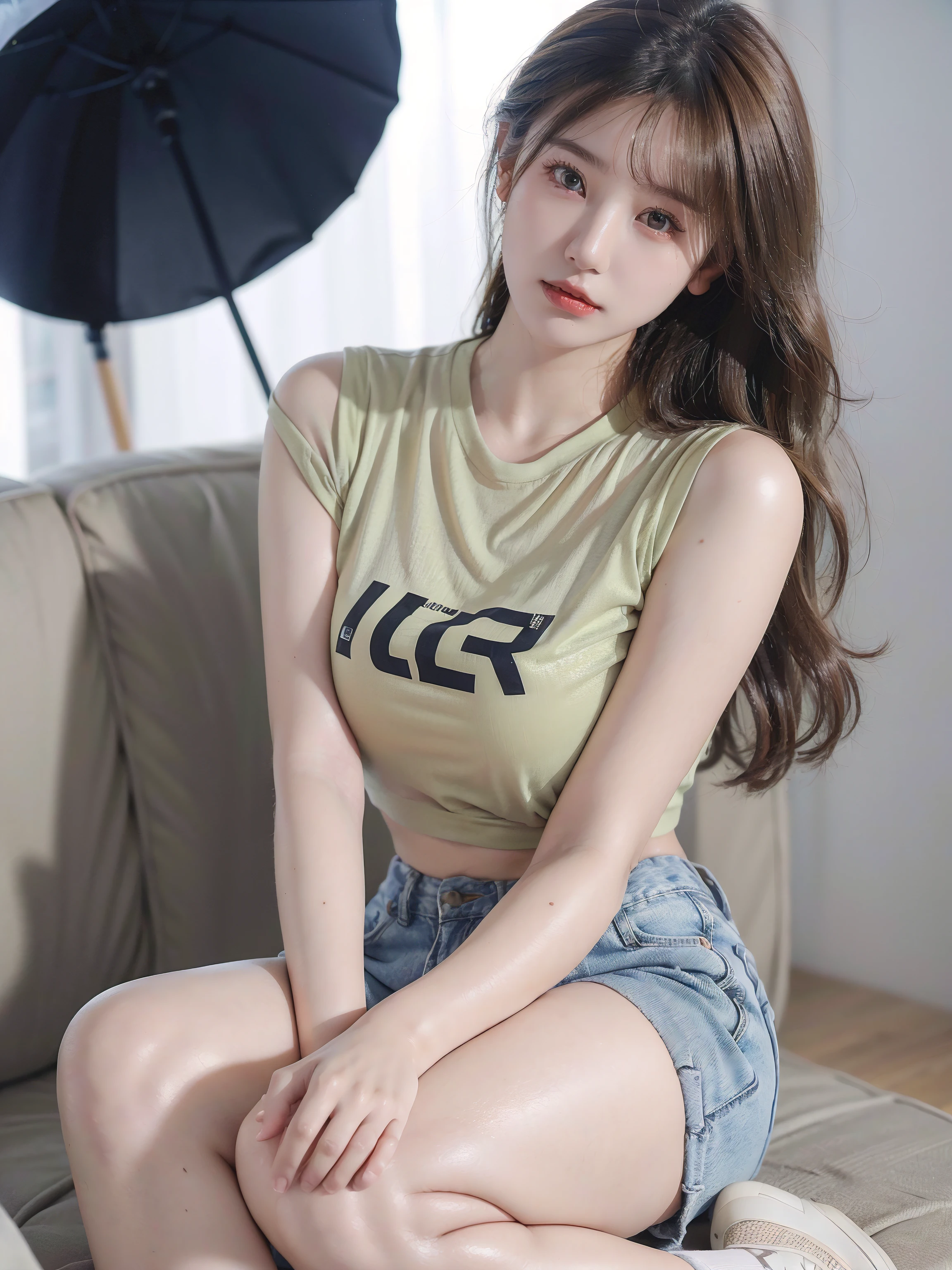 {(individually),(Blue-eyed pupils),(A girl with long light blonde hair),(Lovely face),(A beautiful body with breast enlargement),(Slender limbs),(8K clear facial features),(Wear a T-shirt.Denim shorts.Cloth shoes and jewelry),break(Close-up of a distant face),(Use the best expressions and movements as you like:1.3),(Vividness.Dynamic.Realism),(Photo shooting:1.4),(perfect works,Best image quality,Best quality),(8k,tablecloth,HDR,Positive light,Multifaceted subsidy light,Light,prettify,Ultra-skin):1.4},