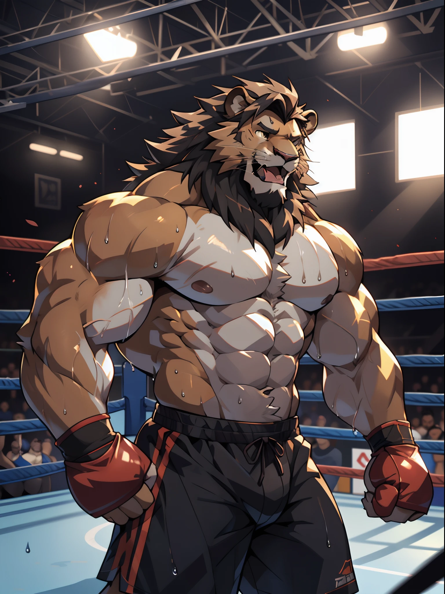 Head of lion, focus on head, Lora:simba,  4k, high resolution, best quality, posted on e621, solo, anthro body, male lion, adult, masculine, slim:1.2, correct anatomy, (boxing ring background, gym background), (blurry background, out-of-focus background:1.2), (by wfa:1.0), (by takemoto arashi:1.0), (by Taran Fiddler:0.5), sexy, (cel shaded, cartoony shading:1.2), black lineart, black outline, flat coloring, (strong shadows, dark shadows:1.2), sexy shadows, lion tail, slim posture, open mouth, sticking out tongue, open:1 eyes, detailed eyes, tilted head, exhausted, wet sweat:1.2