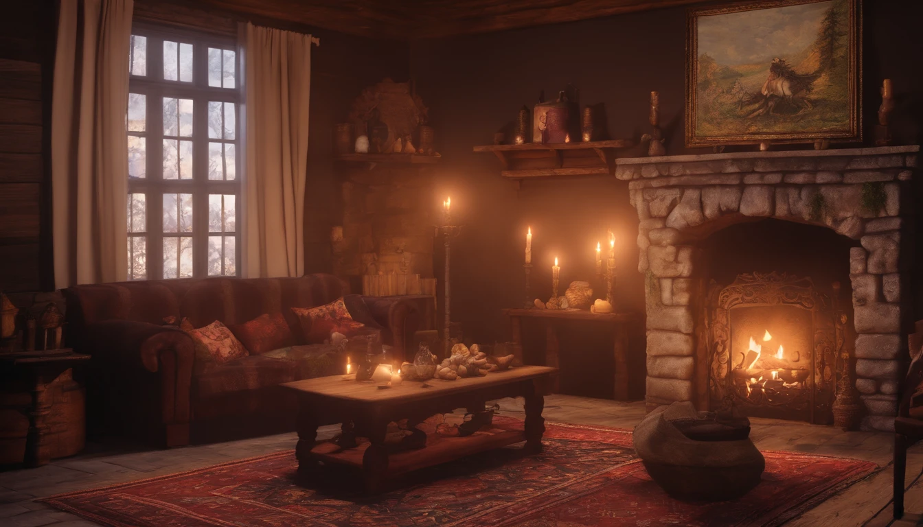 Witch house living room, night out there] (dark atmosphere), (subtle lighting), half-gloomy stone fireplace fire, best quality night, large transparent glass window, (Best Quality, 8K, high resolution, Photorealistic: 1.2), Highly detailed, Mystical,