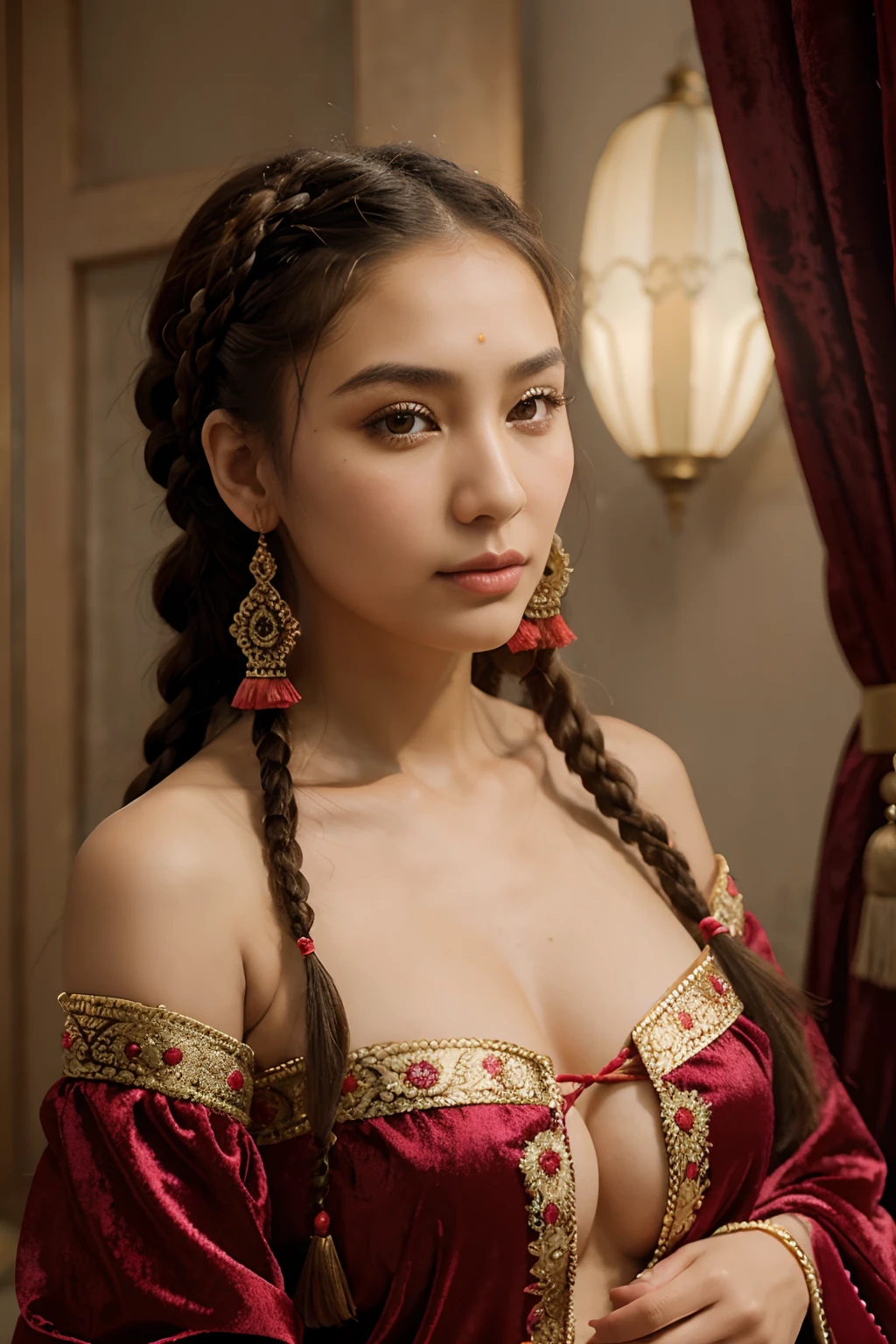 Create an image that showcases Middle Eastern Mongol women adorning their hair braids with velvet fabrics and coral ornaments, emphasizing the decorative aspect of their hair.