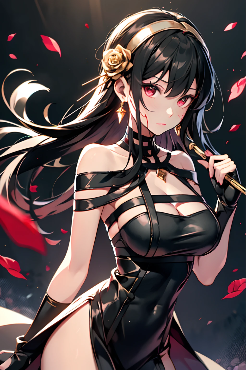 yor briar,

1girl, backlighting, bare shoulders, black background, black dress, black gloves, black hair, blood, blood on face, blood on weapon, breasts, closed mouth, cowboy shot, dress, earrings, expressionless, fingerless gloves, floating hair, floral print, flower, gloves, gold earrings, gold hairband, hair flower, hair ornament, hairband, holding, holding weapon, jewelry, large breasts, light particles, long hair, looking at viewer, off-shoulder dress, off shoulder, petals, red eyes, rose, rose petals, rose print, short hair with long locks, sidelocks, solo, spikes, thighs, two-sided dress, two-sided fabric, weapon

, ((masterpiece))