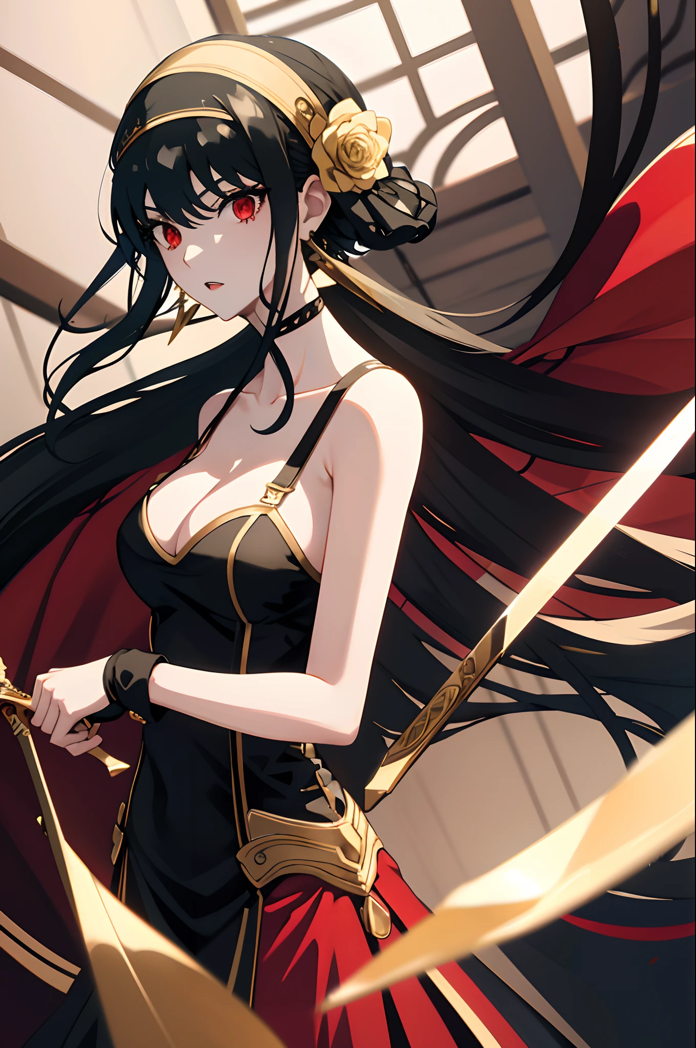 masterpiece, yor, 1girl, solo, long hair, looking at viewer, large breasts, black hair, hair ornament, red eyes, gloves, dress, holding, bare shoulders, jewelry, weapon, flower, sidelocks, hairband, earrings, black gloves, hair flower, fingerless gloves, holding weapon, black dress, blood, knife, short hair with long locks, holding knife, dagger, blood on weapon, holding dagger, gold hairband,