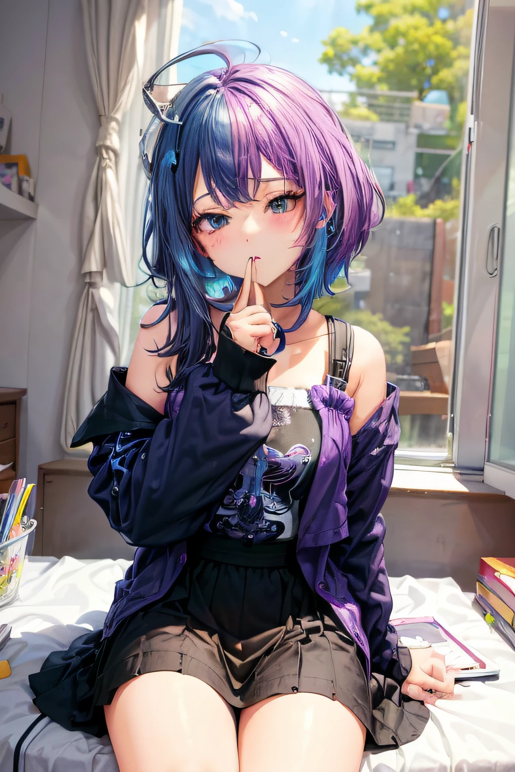(()), sozinho, (((obra-prima))), ((melhor qualidade)), (super detalhe), (Muito Mau e Belo)), cinematiclight, anime, Beautiful Gamer Girl in Modern Clothes TikTok Short Hair Half Blue and Half Purple Studying and Reading Books in Bedroom Aesthetic Gamer with Confused Expression ((half color hair))