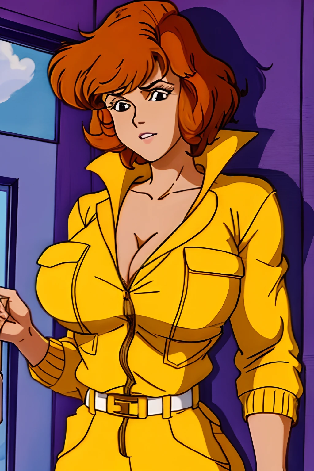 April O'Neil, 1980s, anime style, 1girl, brown hair, orange hair, retro artstyle, Short hair, 独奏, Yellow jumper suit, Hip jumpsuit, big_TITTIES, cleavage, huge_muscle