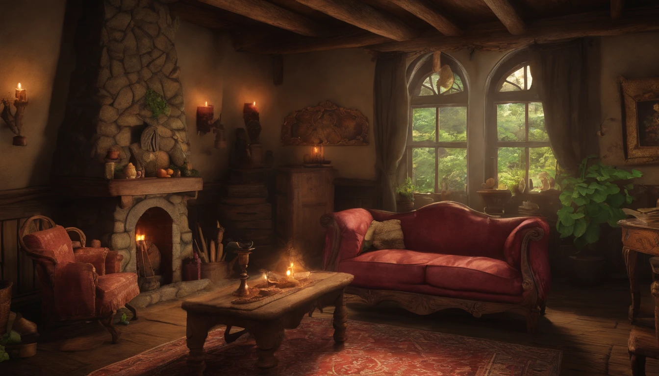 The living room of the witch's house、Deep in the dark forest、(Best Quality,8K,hight resolution,Photorealistic:1.2),Ultra-detailed,Mystical,