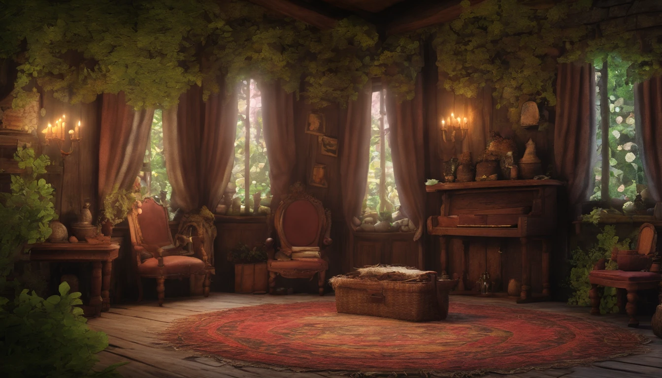 The living room of the witch's house、Deep in the dark forest、(Best Quality,8K,hight resolution,Photorealistic:1.2),Ultra-detailed,Mystical,