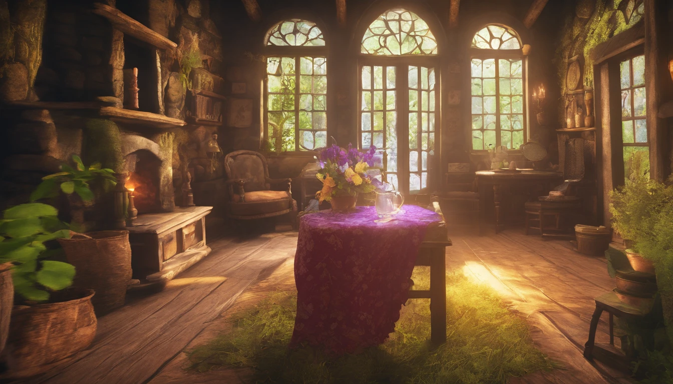 The living room of the witch's house、Deep in the dark forest、(Best Quality,8K,hight resolution,Photorealistic:1.2),Ultra-detailed,Mystical,