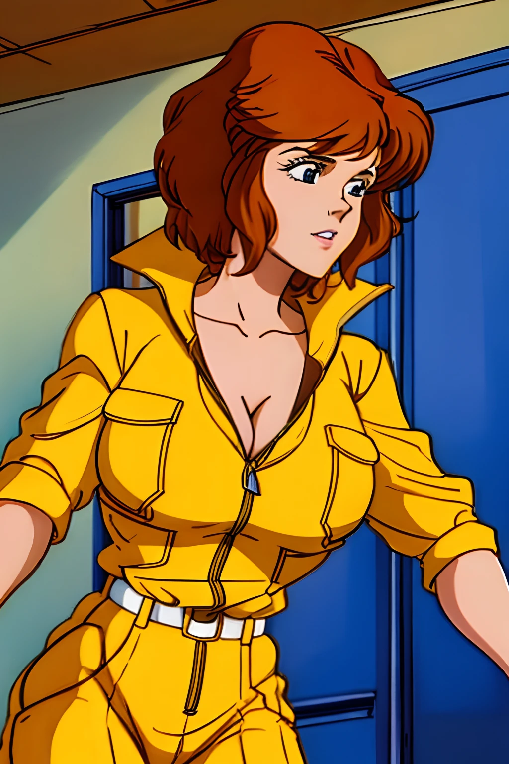 April O'Neil, 1980s, anime style, 1girl, brown hair, orange hair, retro artstyle, Short hair, 独奏, Yellow jumper suit, Hip jumpsuit, big_TITTIES, cleavage, huge_muscle