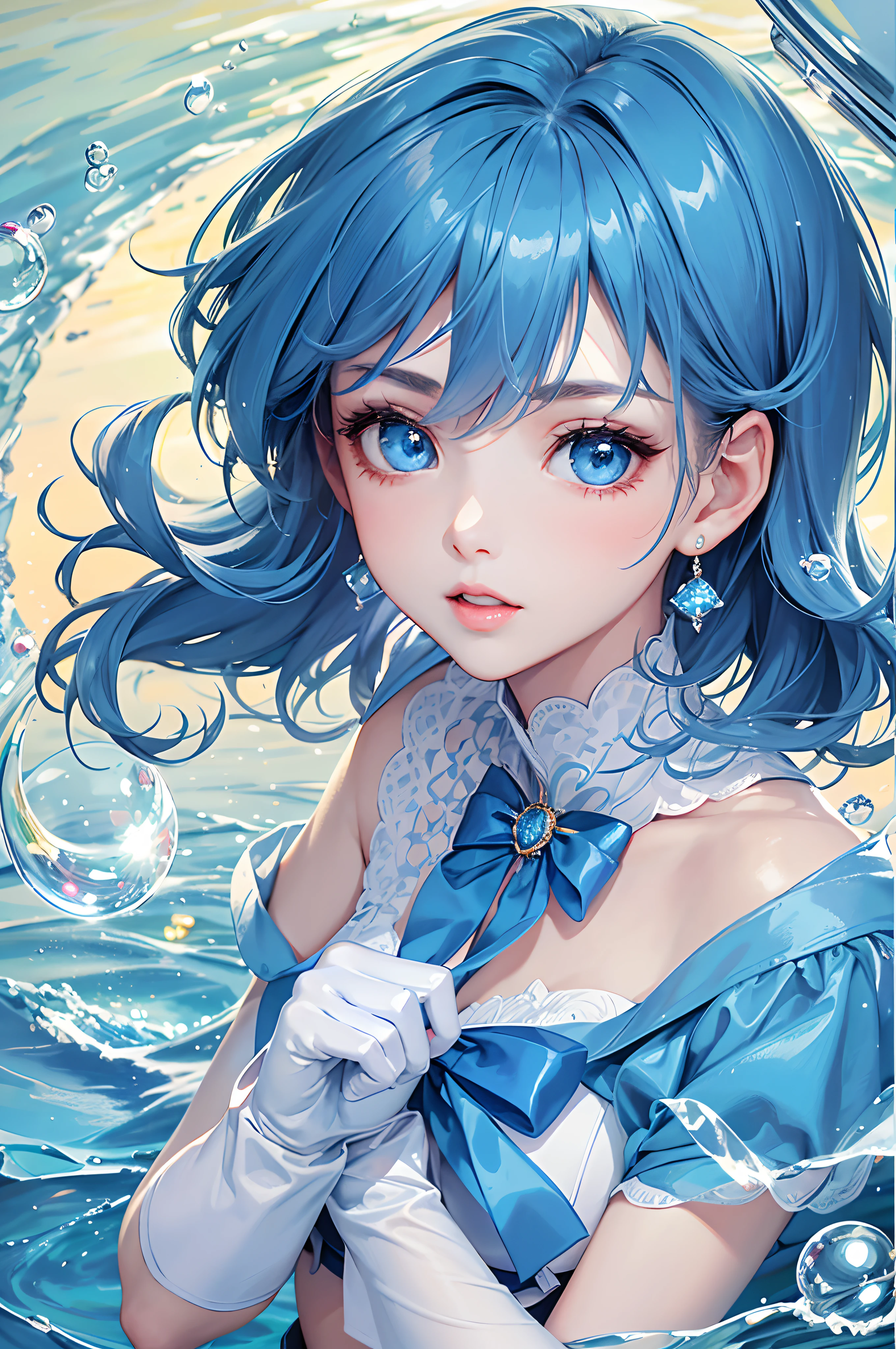 Masterpiece, Best Quality, Hi-Res, Mercury 1, 1 Girl, Solo, Sailor Senshi Uniform, Sailor Mercury, Ami Mizuno, Dark blue hair, Magical girl, Blue eyes, Mini skirt, Light blue skirt, Elbow gloves, Tiara, Pleated skirt, Ice blue sailor color, Lake landscape, Choker,bubbles, Light blue choker, White gloves, Shorthair, Jewelry,Bokeh (85mm Shot),Ultra-precise depiction, Ultra-detailed depiction,,unbelievable Ridiculous,)),((extremely_Detailed_Eyes_and_face)),(Beautiful and aesthetic: 1.2),Brilliant,(((Delicate fingers and hands:0.55))::0.85))),(Detail fingers),