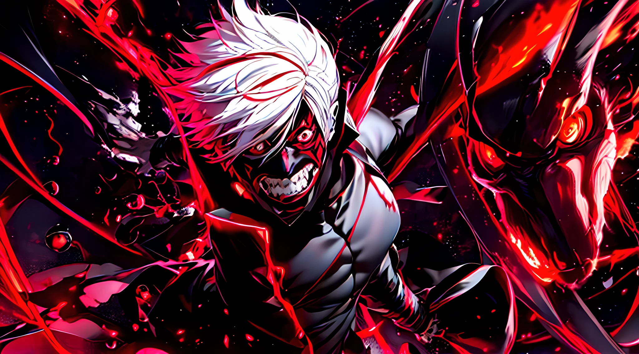 anime character with white hair and red eyes in a black outfit, ken kaneki, best anime 4k konachan wallpaper, kaneki ken, badass anime 8 k, 2b, 2 b, 4 k manga wallpaper, tokyo ghoul, villain wearing a red oni mask, son of sparda, 4k anime wallpaper, anime art wallpaper 4 k