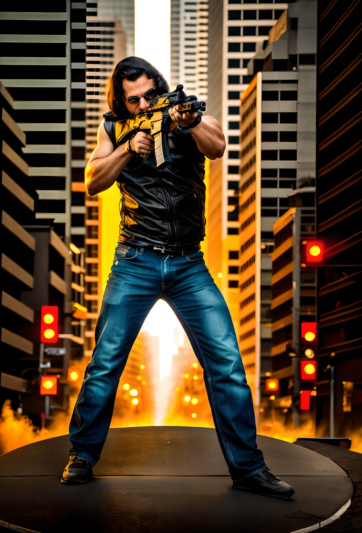 arafed man with a gun, in an action pose, dramatic wielding gun pose, fullbody shot, with pistol, with rifle, half-body shot, half - body shot, full body portrait shot, full body wide shot, promo shot, full body greg rutkowski, dramatic action pose, biker jacket, city street backdrop, motorcycle