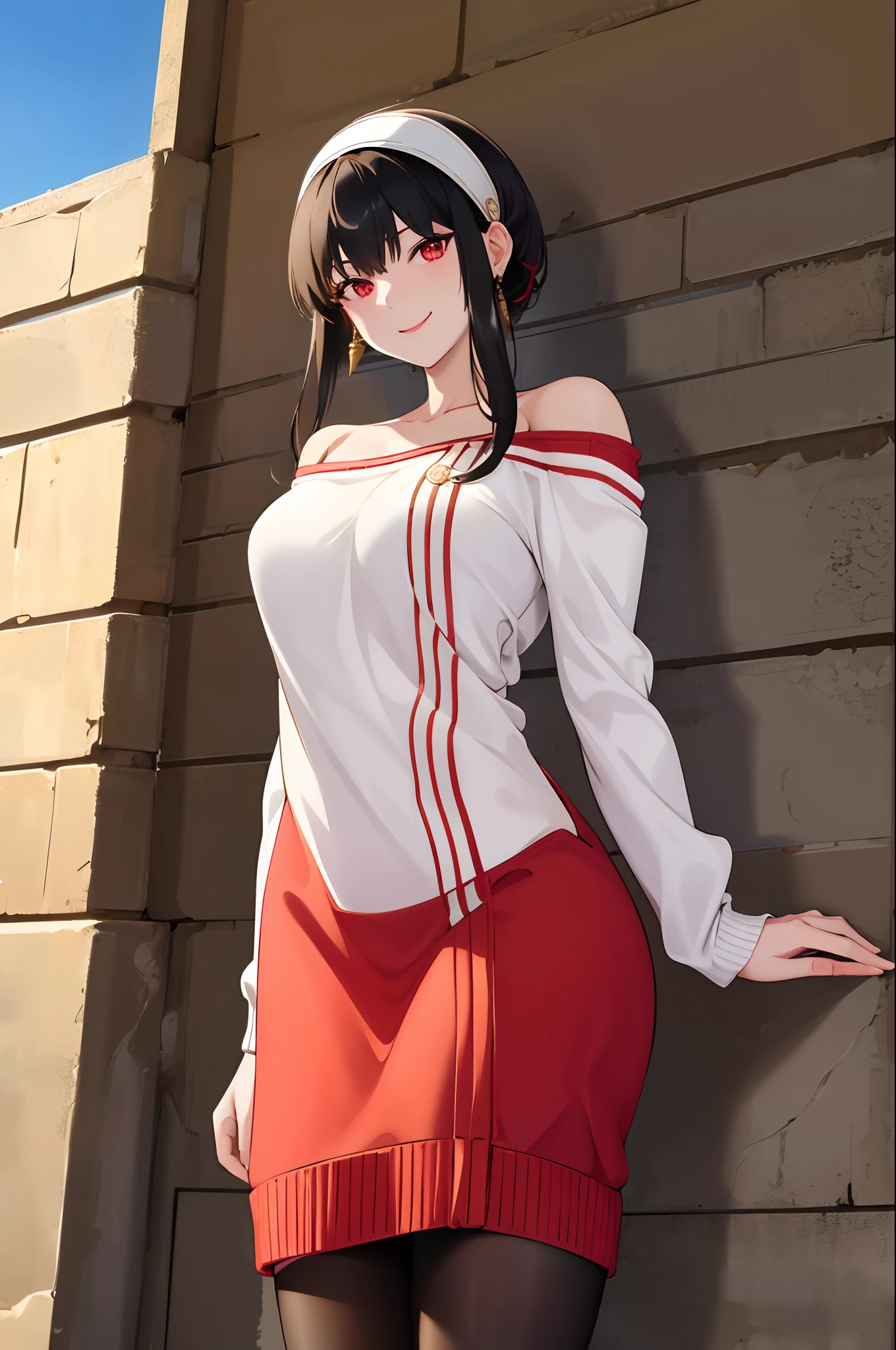 masterpiece, best quality, highres, bbyorf, short hair with long locks, white hairband, red eyes, gold earrings, large breasts, jewelry, off shoulder, red sweater, sweater dress, long sleeves, black pantyhose, outdoors, standing cowboy shot, smile,