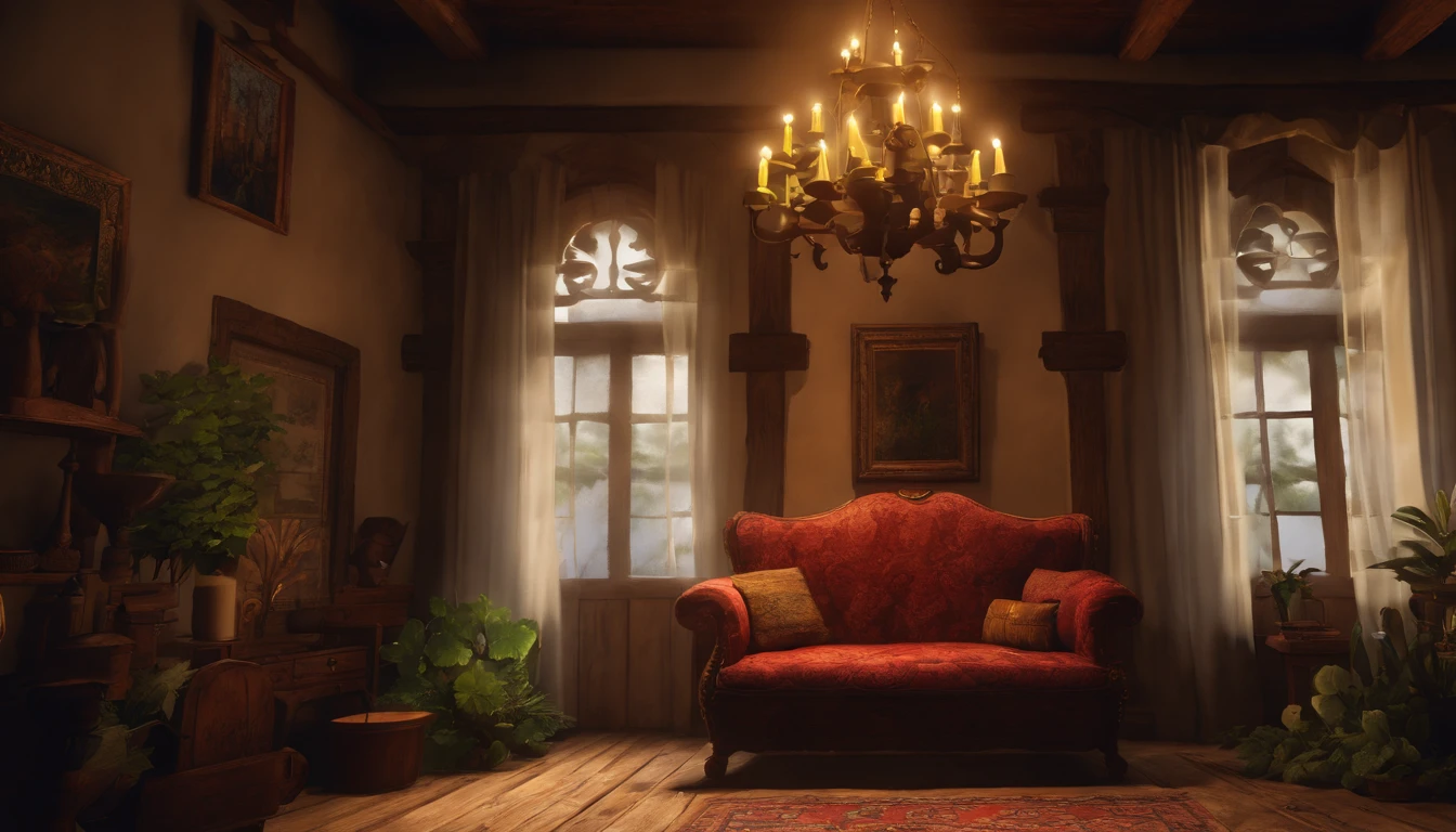 The medieval modern living room is dimly lit,There were dark rainy nights outside, (Foggy and rainy evening:1.2), Pacific Northwest, (Dim lighting:1.4), (Moody lighting:1.2), a plant, Large plants, Rainy, Monstera, Many plants, (Foggy windows:1.2), Masterpiece, Best quality, Twilight Hour, (during night:1.4), rainy evening, After sunset,