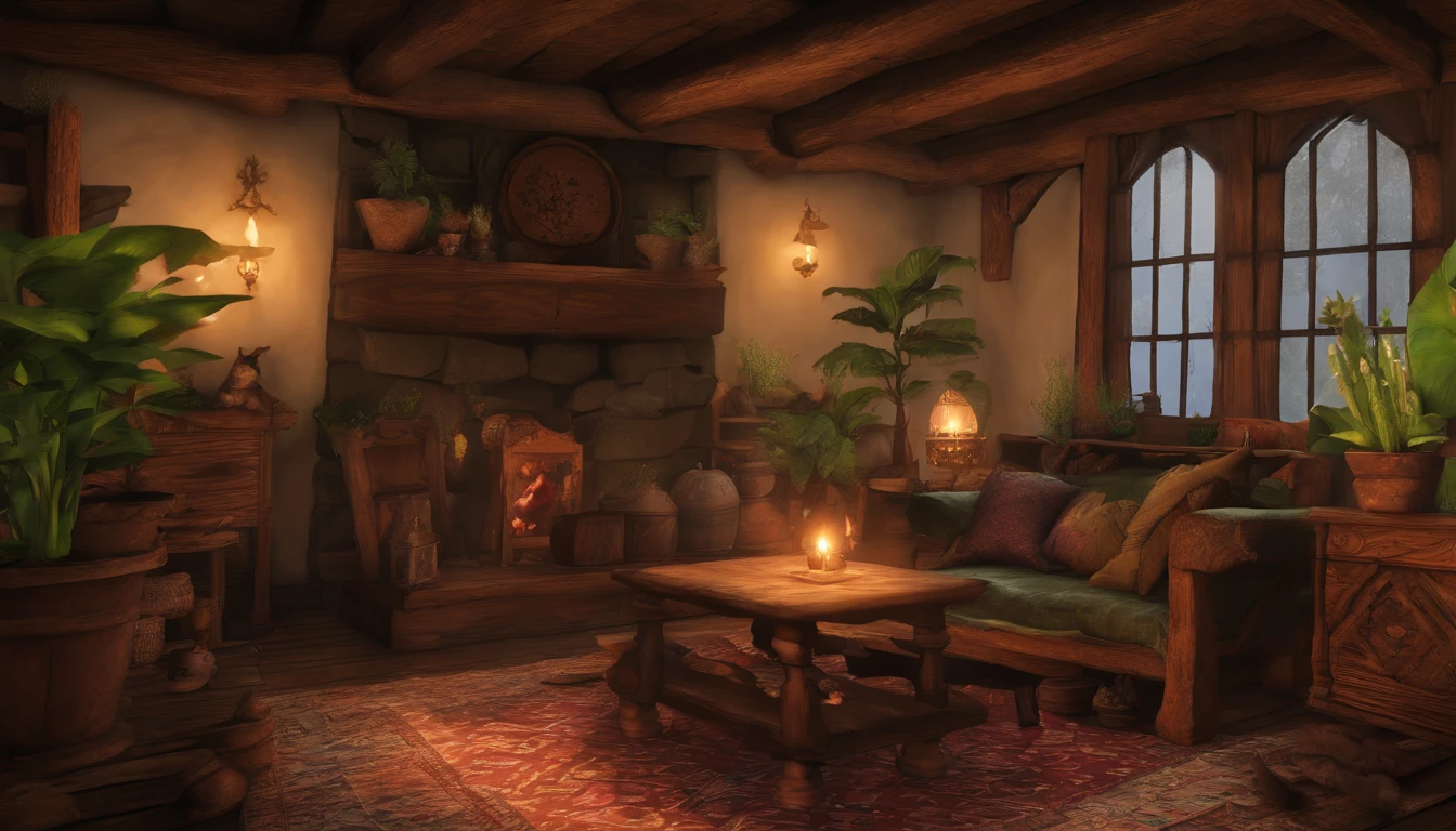 The medieval modern living room is dimly lit,There were dark rainy nights outside, (Foggy and rainy evening:1.2), Pacific Northwest, (Dim lighting:1.4), (Moody lighting:1.2), a plant, Large plants, Rainy, Monstera, Many plants, (Foggy windows:1.2), Masterpiece, Best quality, Twilight Hour, (during night:1.4), rainy evening, After sunset,